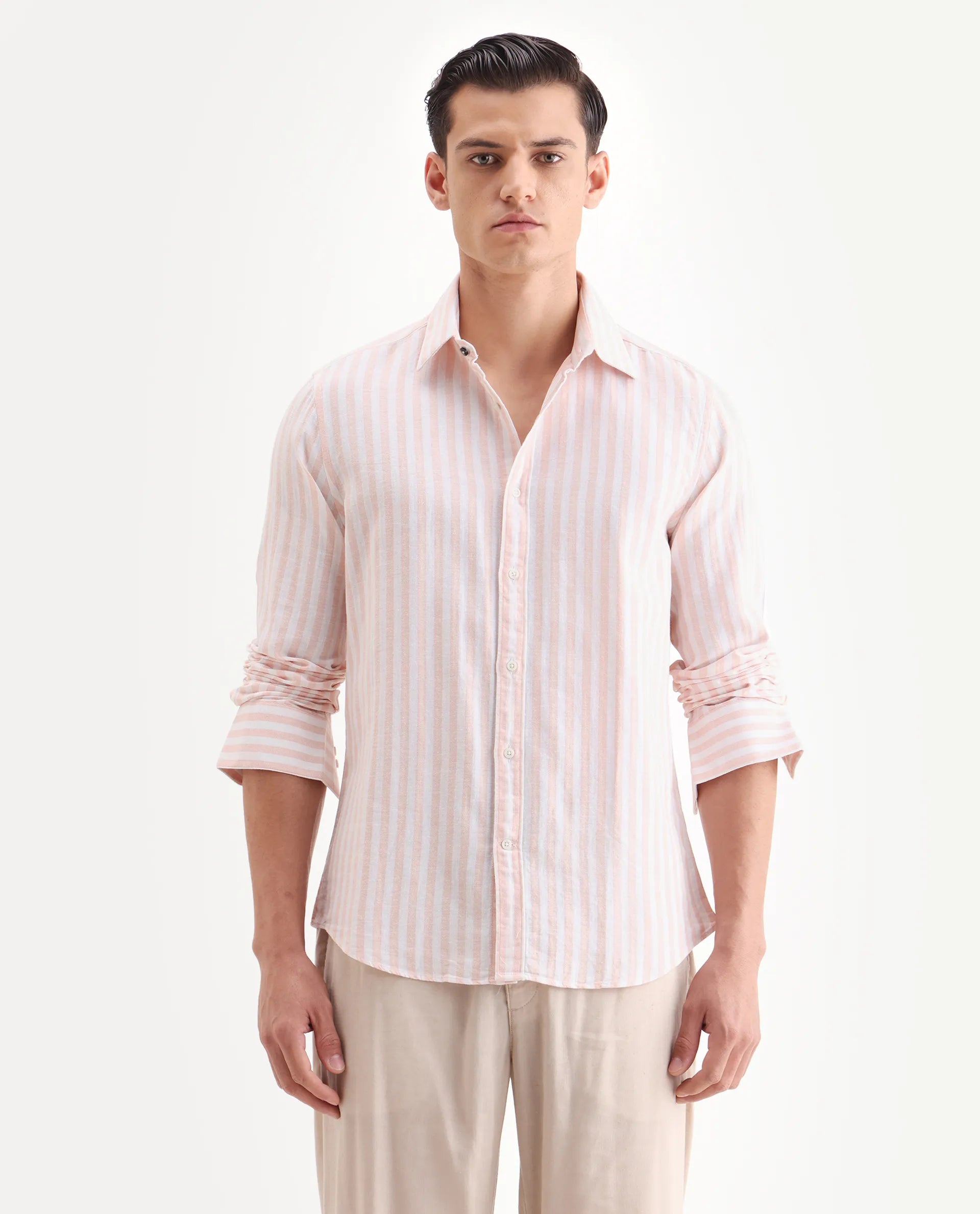 Rare Rabbit Men's Dopple Pastel Peach Linen Blend Striped Print Regular Fit Full Sleeve Collared Shirt