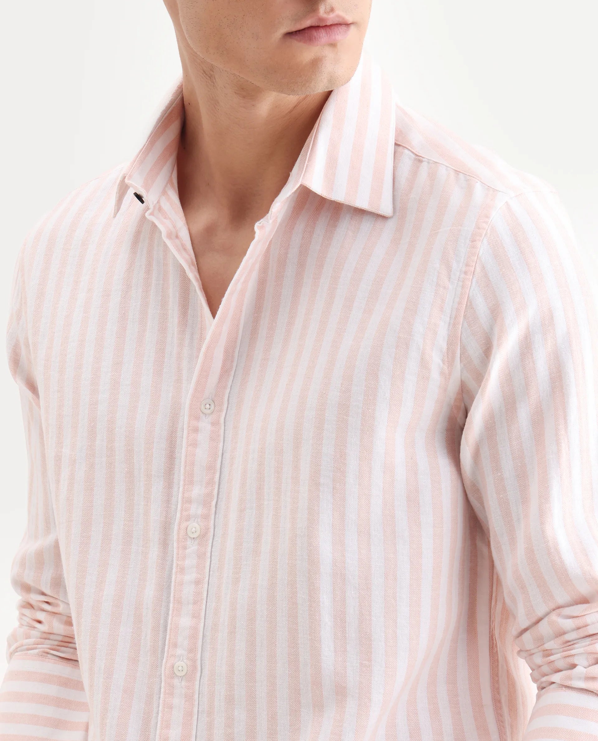 Rare Rabbit Men's Dopple Pastel Peach Linen Blend Striped Print Regular Fit Full Sleeve Collared Shirt