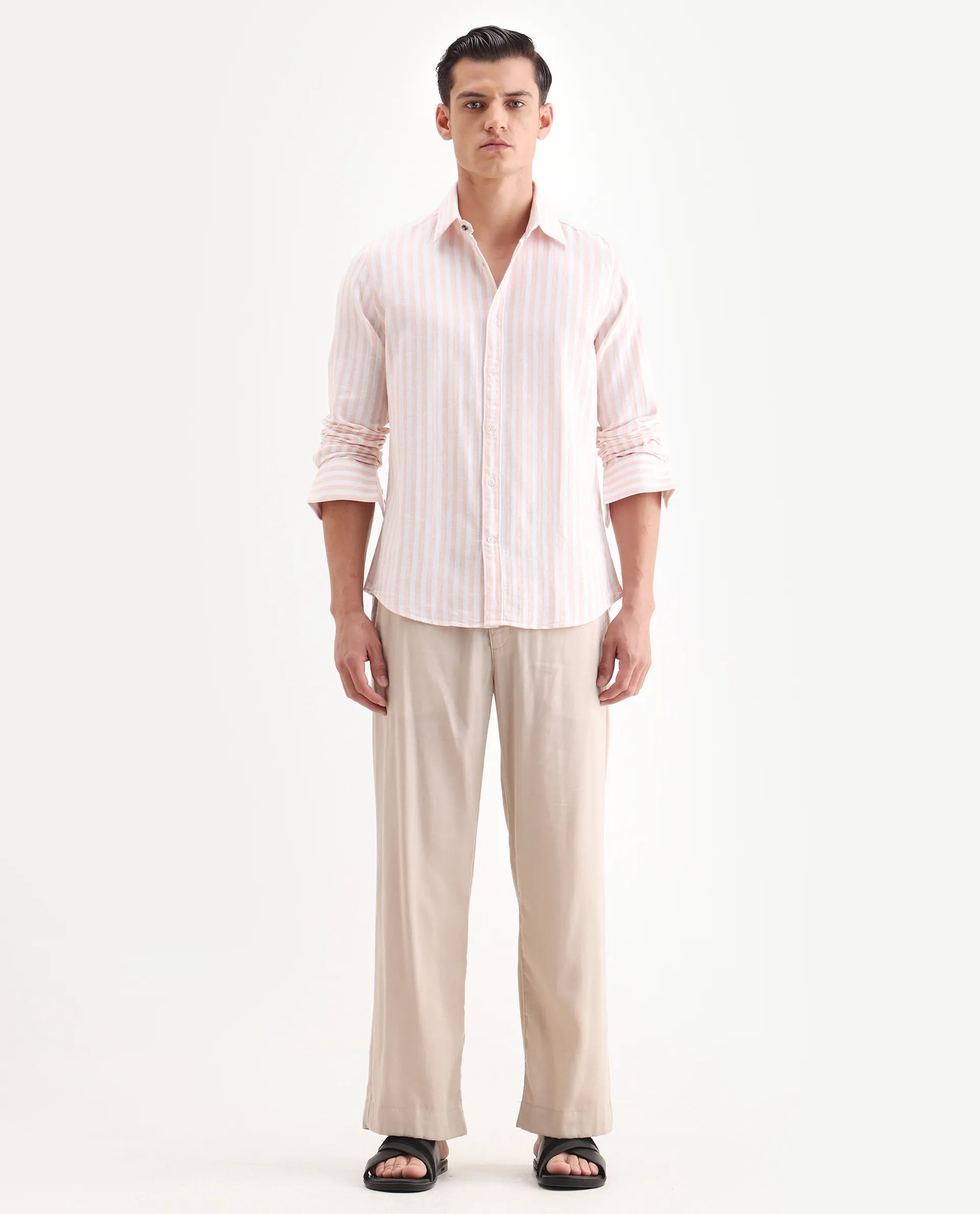 Rare Rabbit Men's Dopple Pastel Peach Linen Blend Striped Print Regular Fit Full Sleeve Collared Shirt