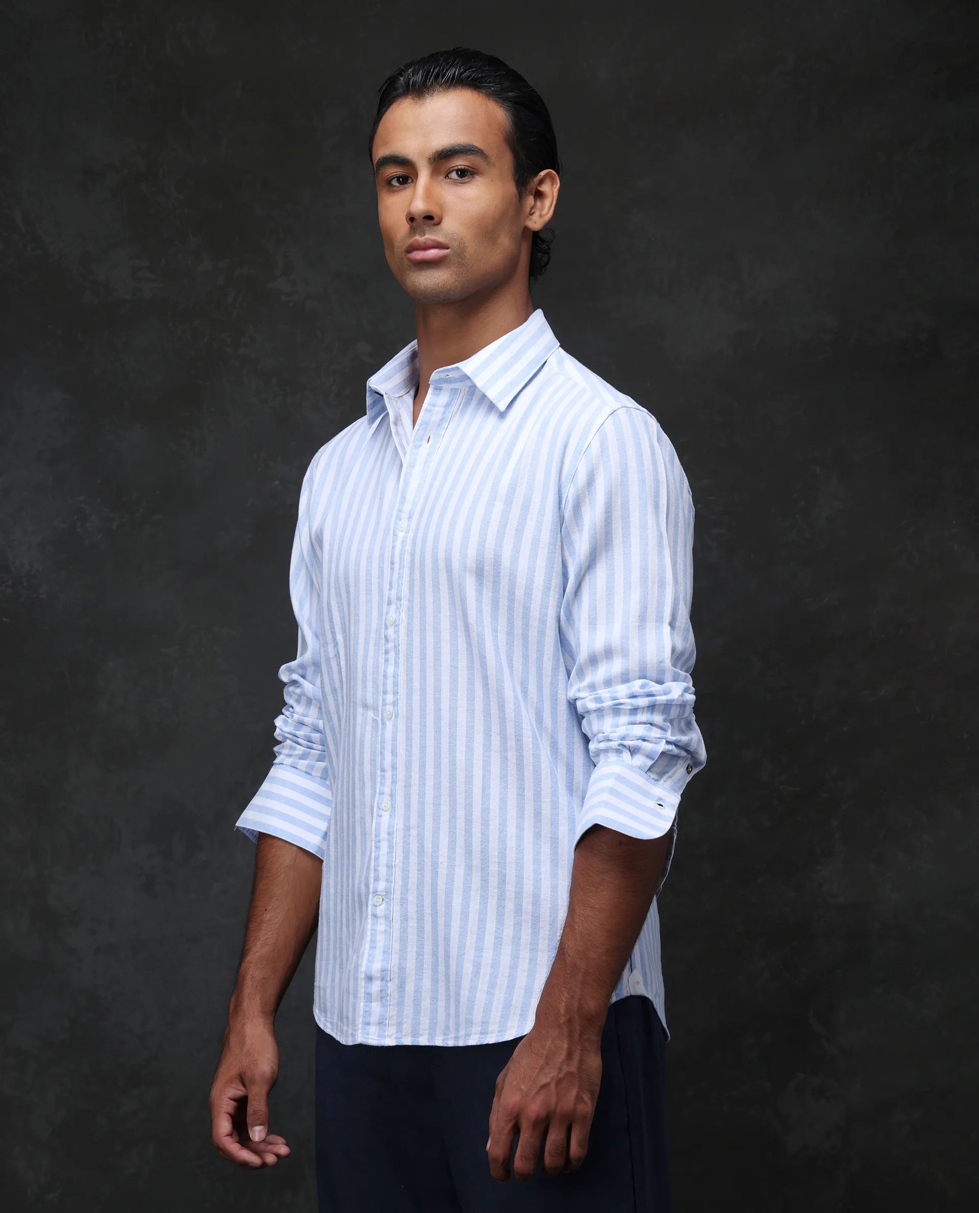 Rare Rabbit Men's Dopple Light Blue Linen Blend Striped Print Regular Fit Full Sleeve Collared Shirt