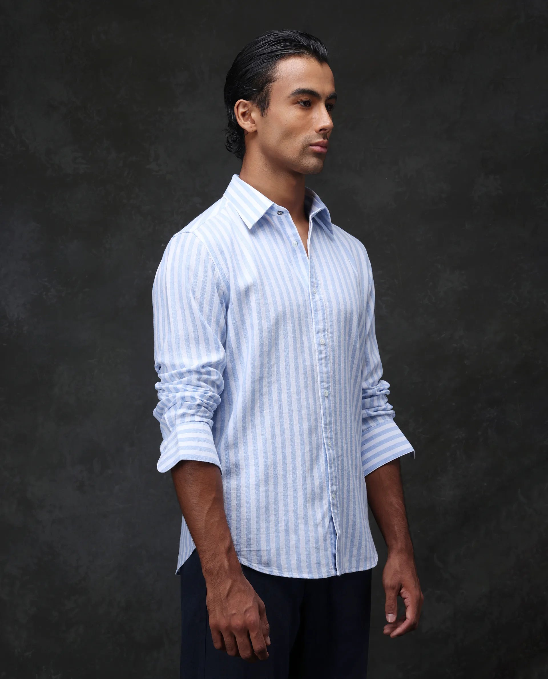 Rare Rabbit Men's Dopple Light Blue Linen Blend Striped Print Regular Fit Full Sleeve Collared Shirt