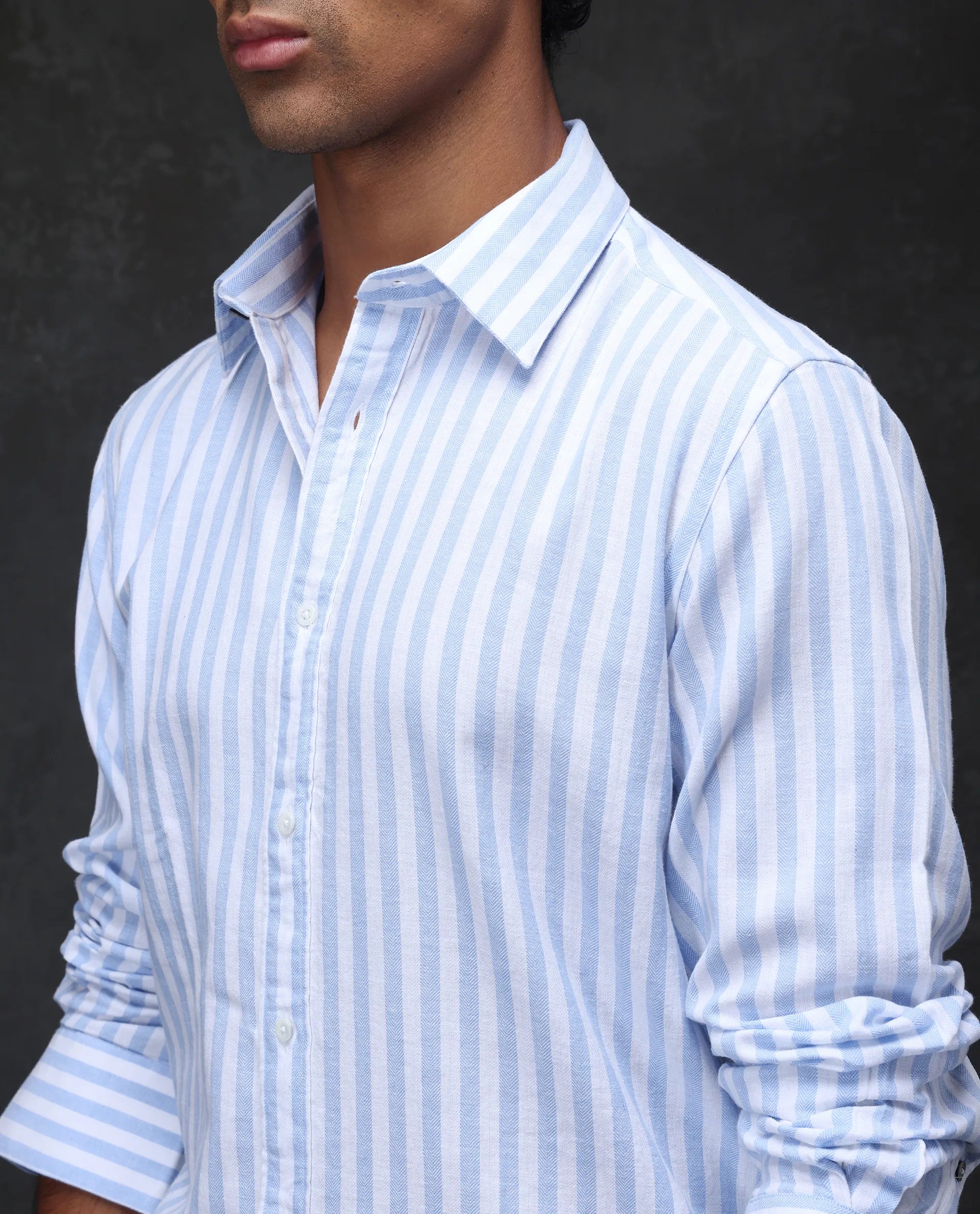 Rare Rabbit Men's Dopple Light Blue Linen Blend Striped Print Regular Fit Full Sleeve Collared Shirt