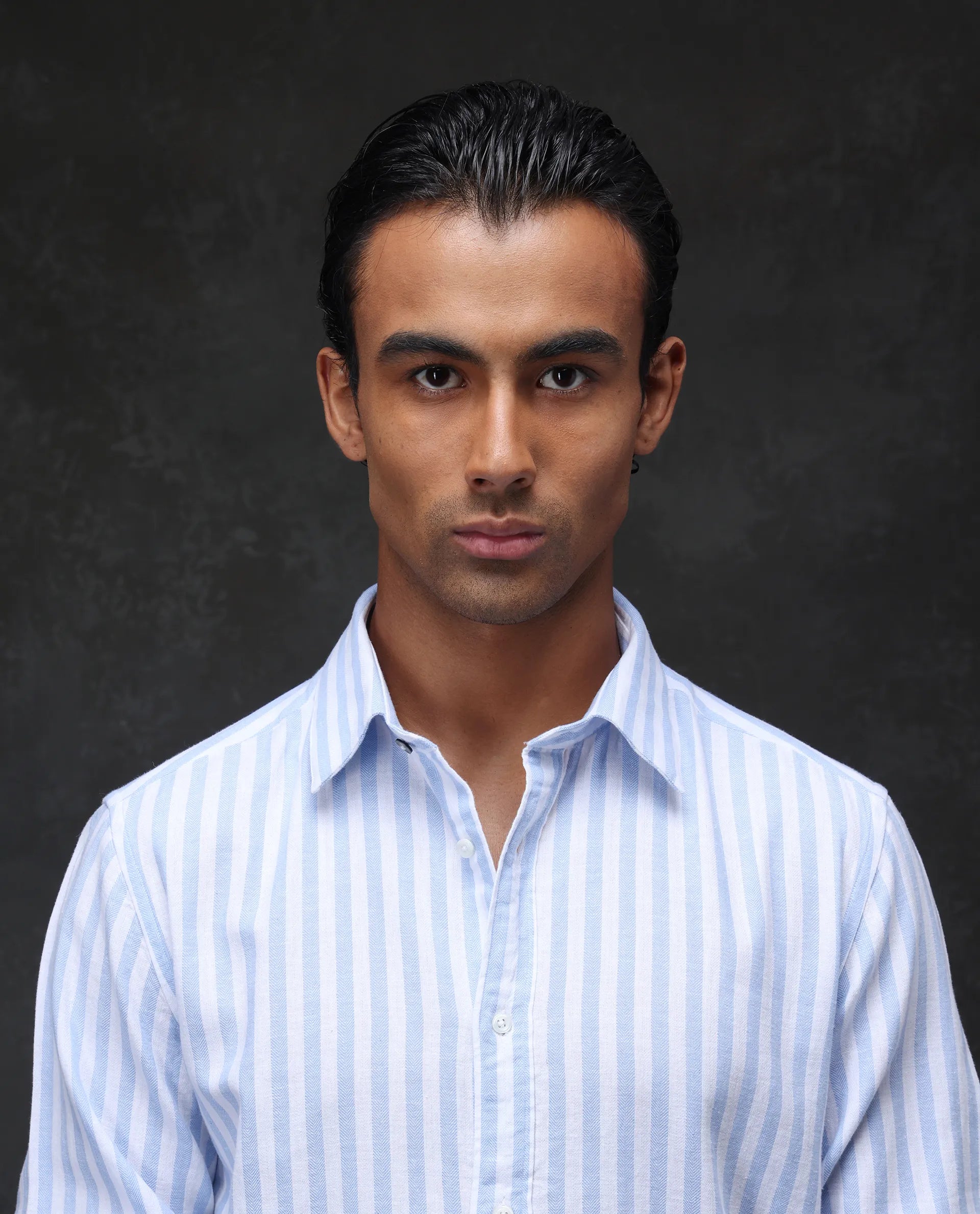 Rare Rabbit Men's Dopple Light Blue Linen Blend Striped Print Regular Fit Full Sleeve Collared Shirt