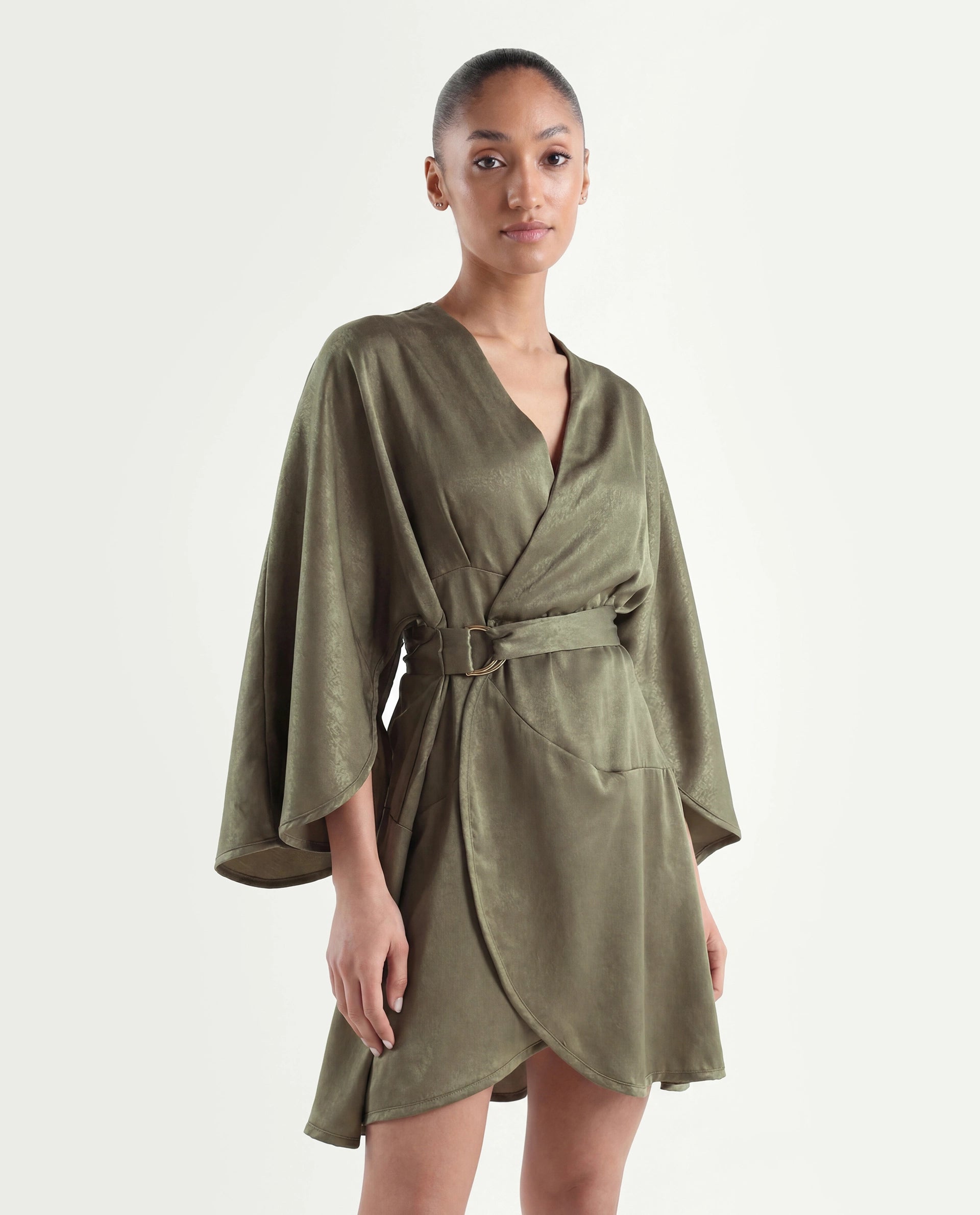 Rareism Women's Alapeno Dark Olive Polyester Overlap Neck Plain Bell Sleeve Mini Fit And Flare Dress