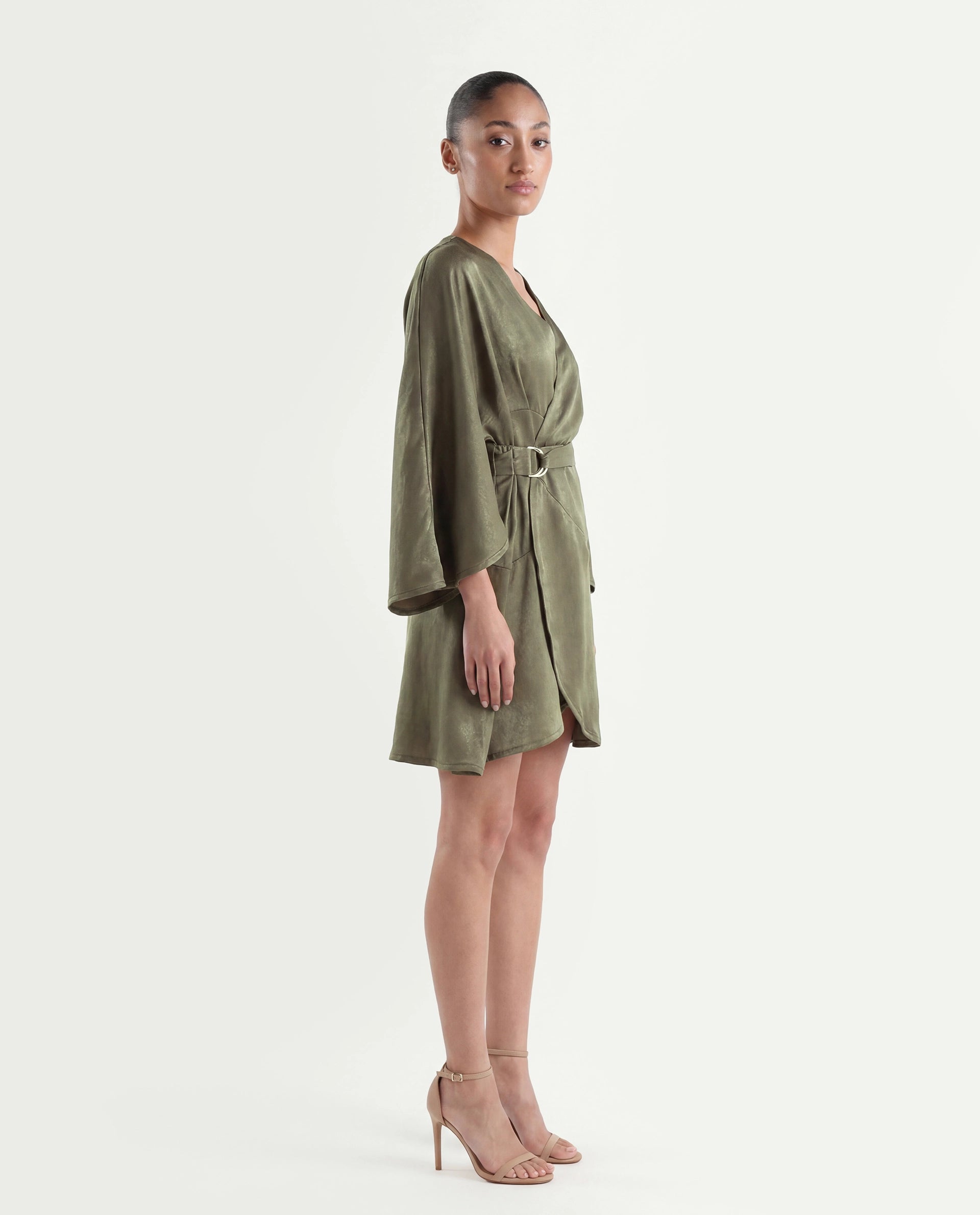 Rareism Women's Alapeno Dark Olive Polyester Overlap Neck Plain Bell Sleeve Mini Fit And Flare Dress