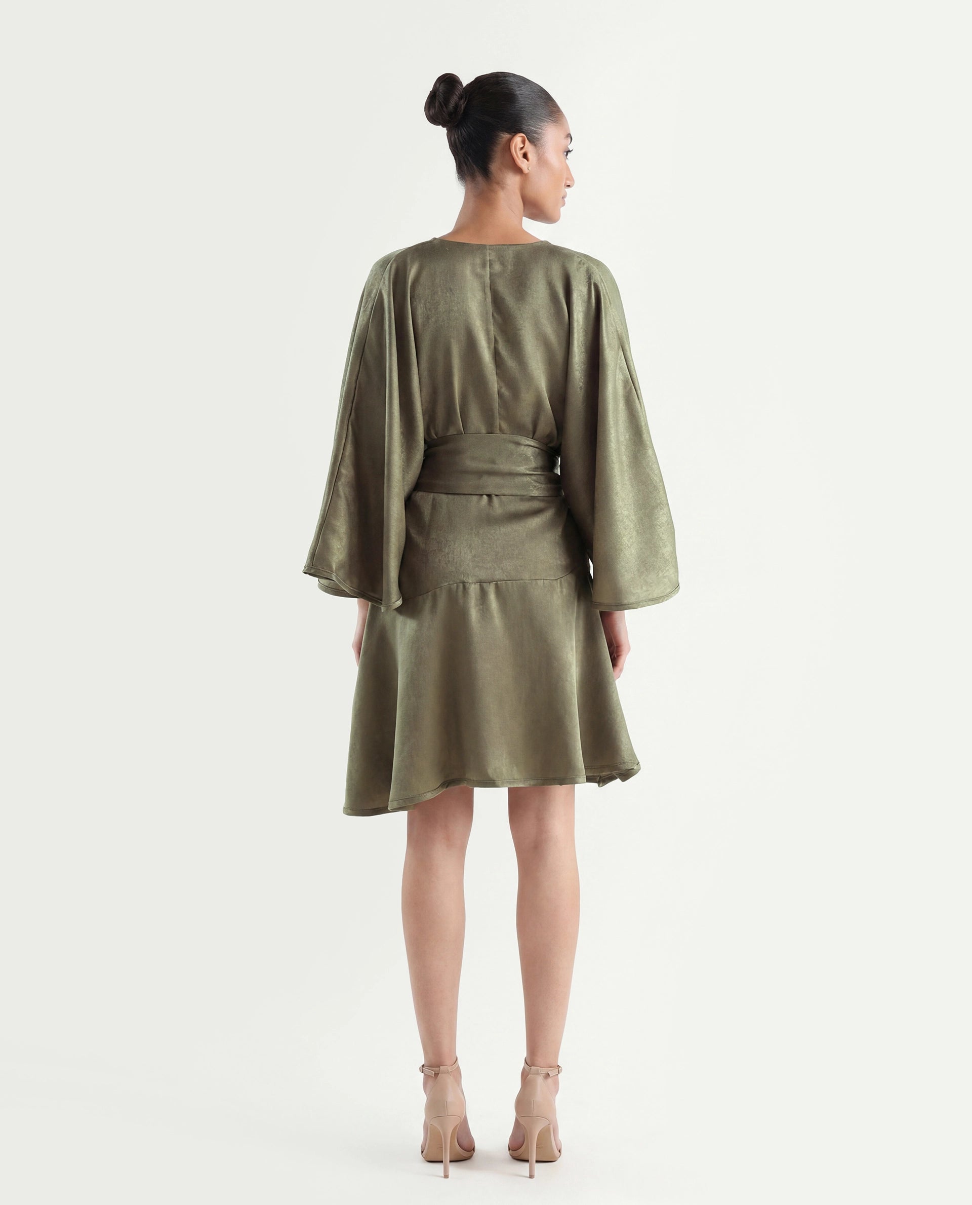 Rareism Women's Alapeno Dark Olive Polyester Overlap Neck Plain Bell Sleeve Mini Fit And Flare Dress