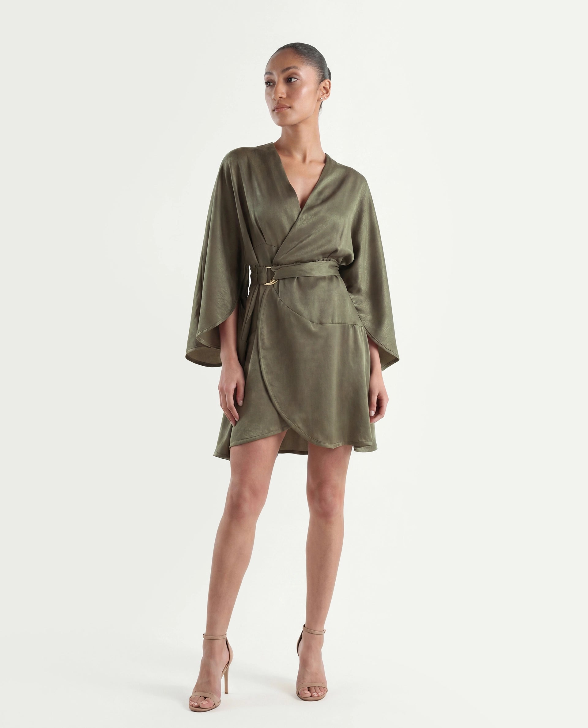 Rareism Women's Alapeno Dark Olive Polyester Overlap Neck Plain Bell Sleeve Mini Fit And Flare Dress