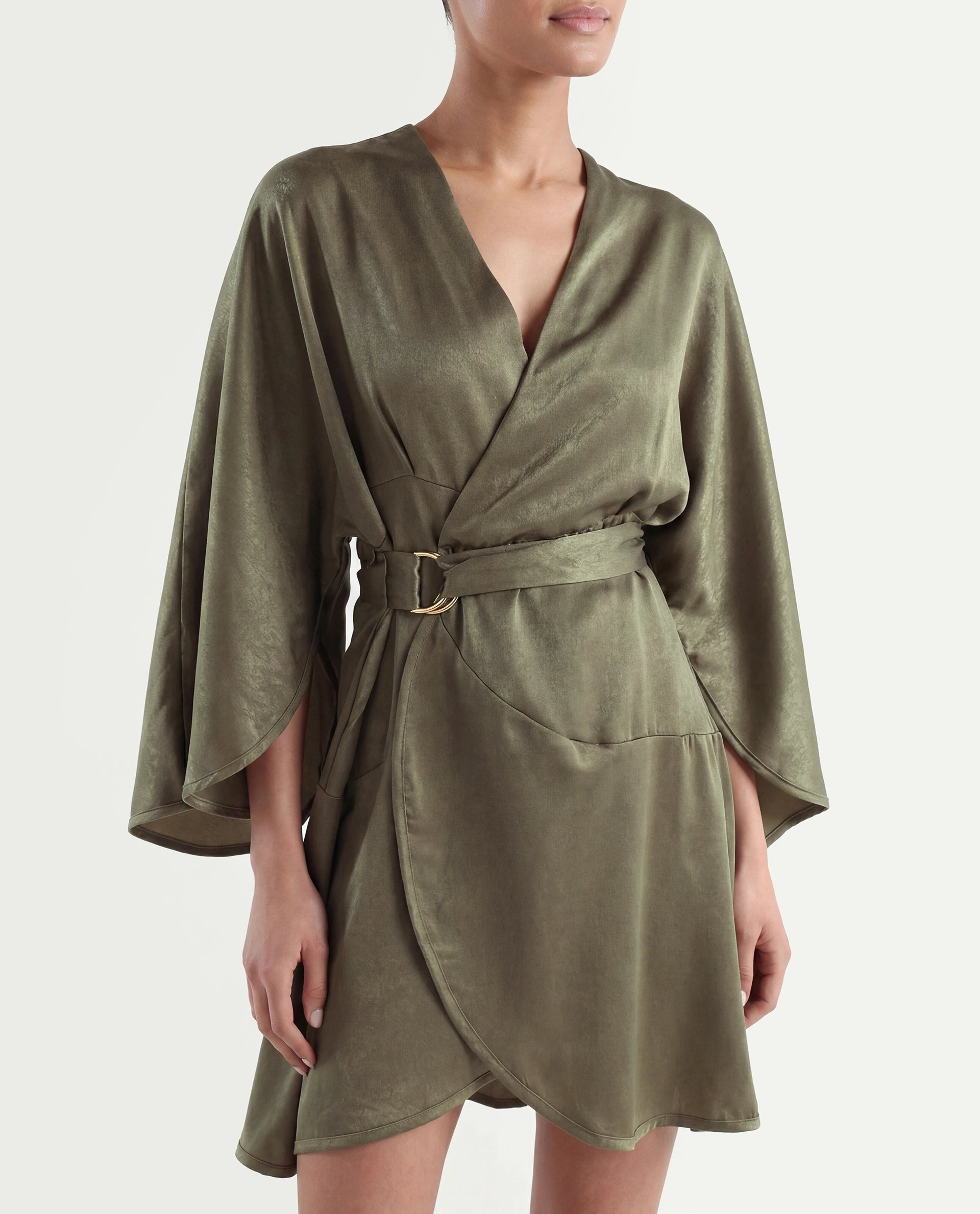 Rareism Women's Alapeno Dark Olive Polyester Overlap Neck Plain Bell Sleeve Mini Fit And Flare Dress