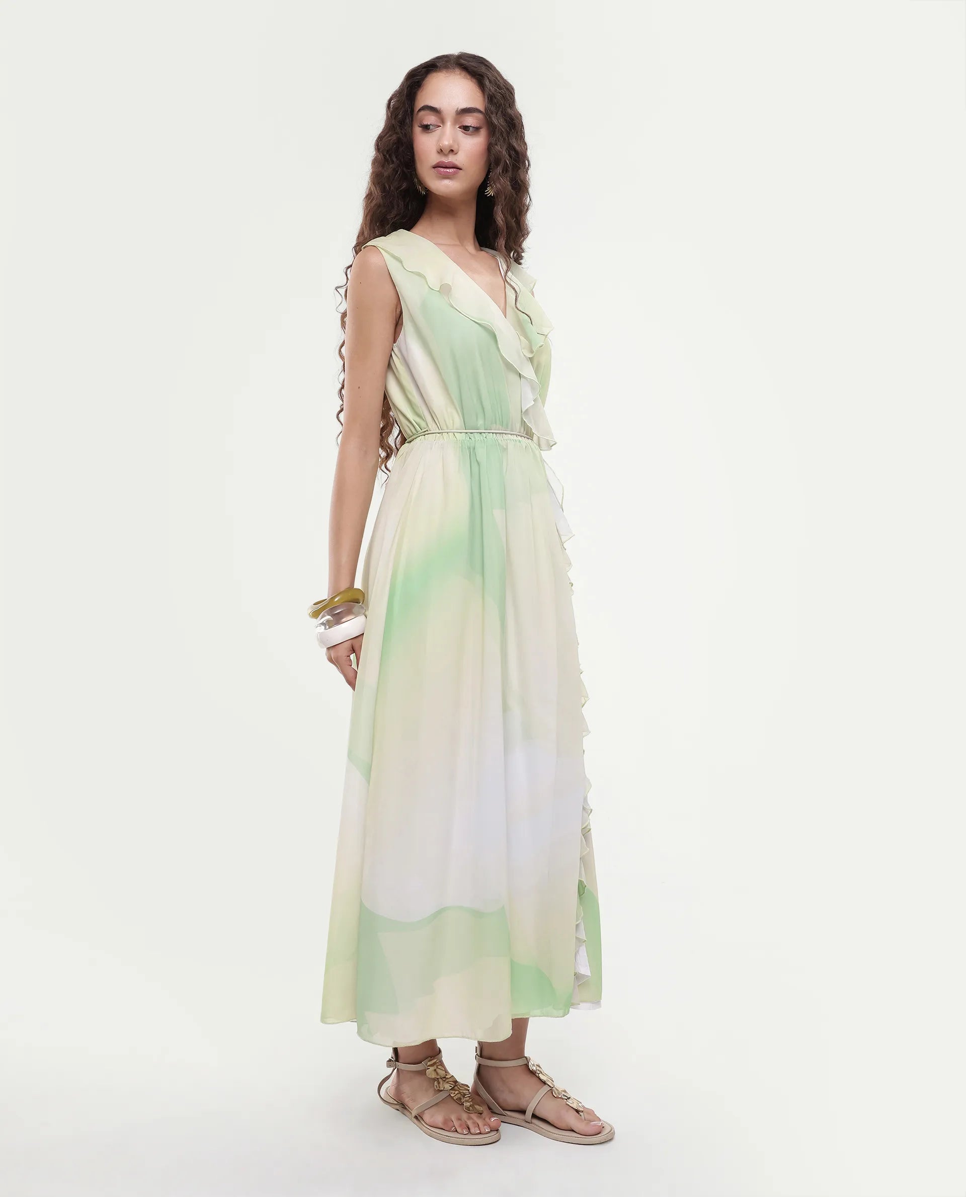 Rareism Women's Alicia Green Polyester Overlap Neck Abstract Print Sleeveless Maxi A-Line Dress