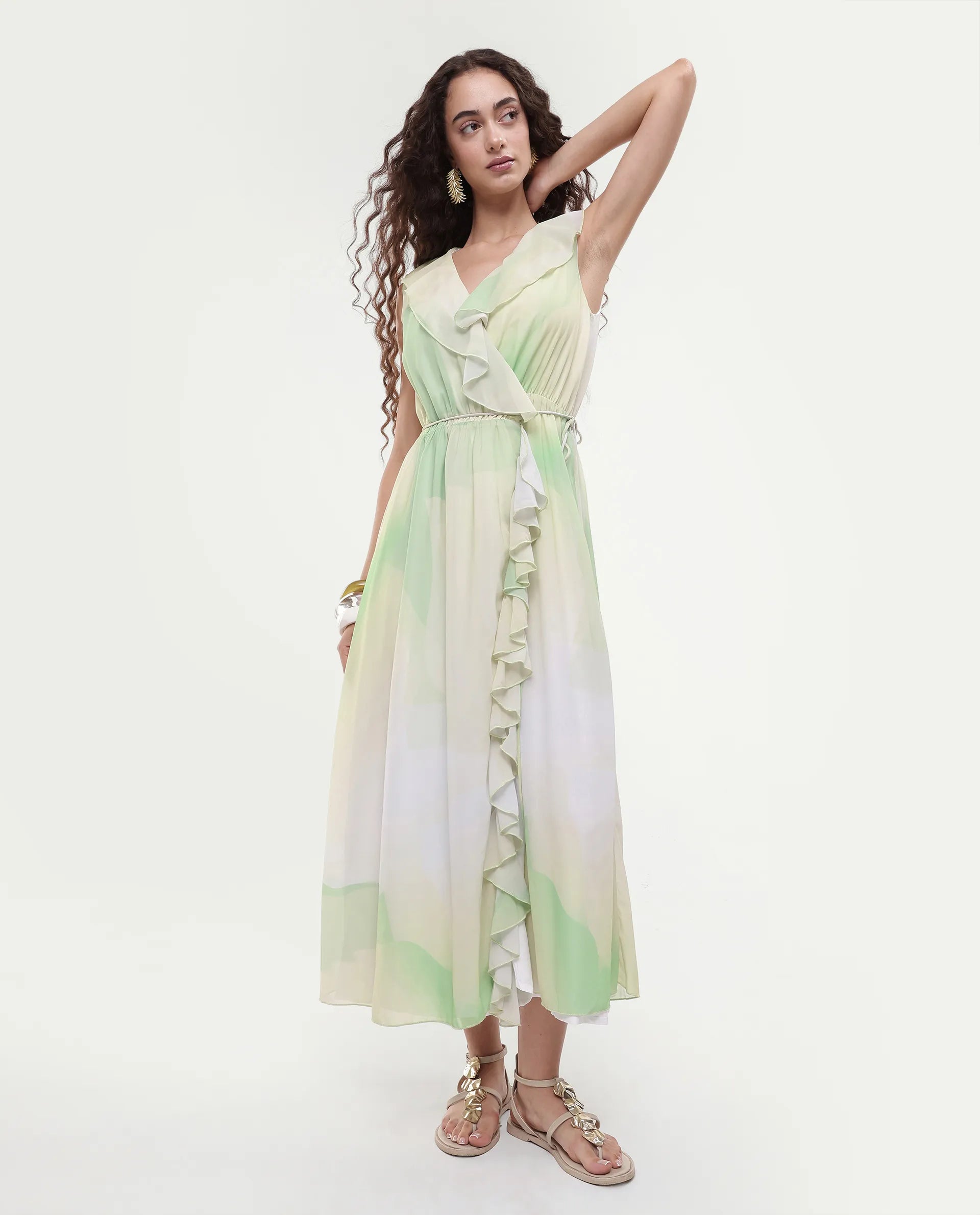 Rareism Women's Alicia Green Polyester Overlap Neck Abstract Print Sleeveless Maxi A-Line Dress