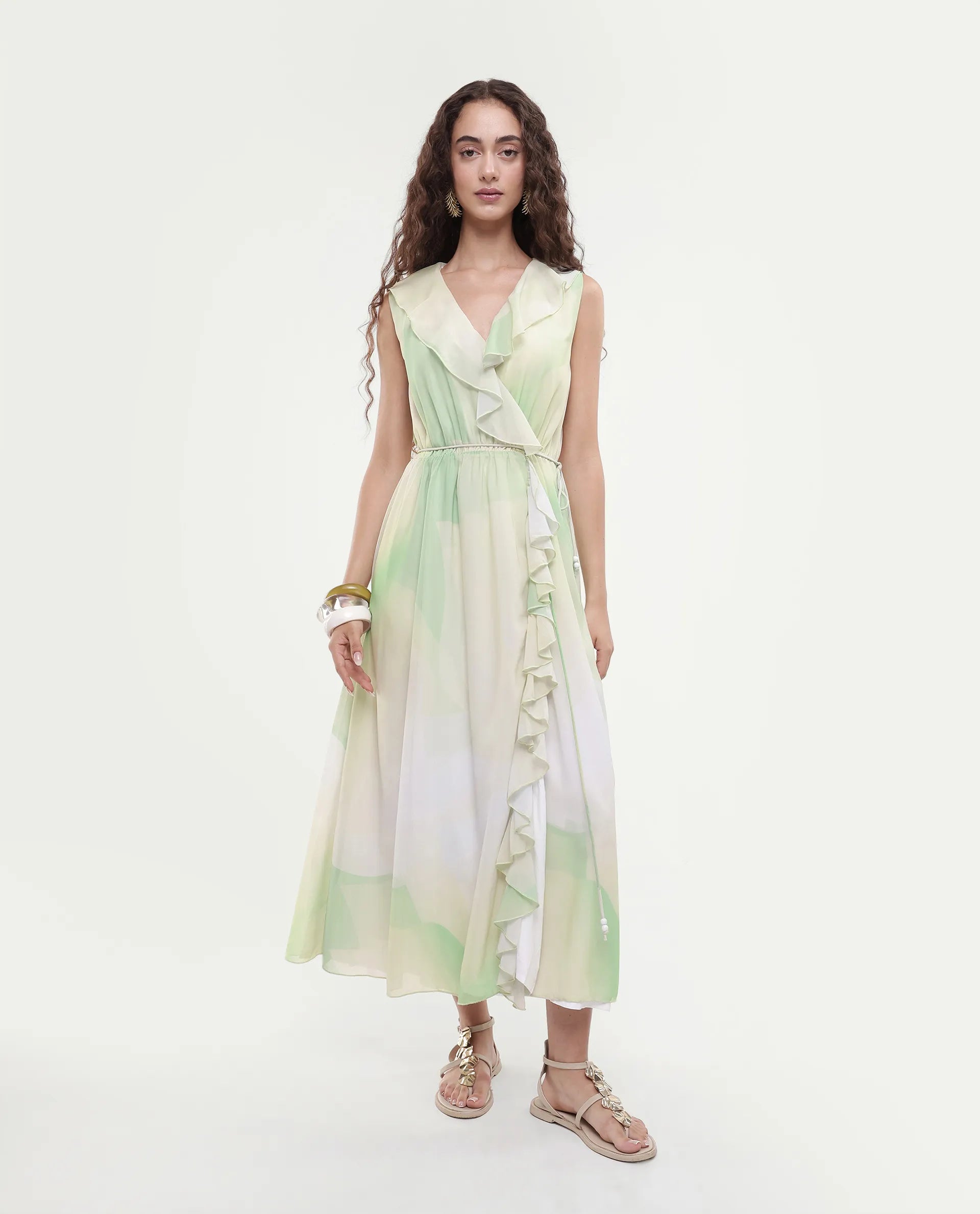 Rareism Women's Alicia Green Polyester Overlap Neck Abstract Print Sleeveless Maxi A-Line Dress