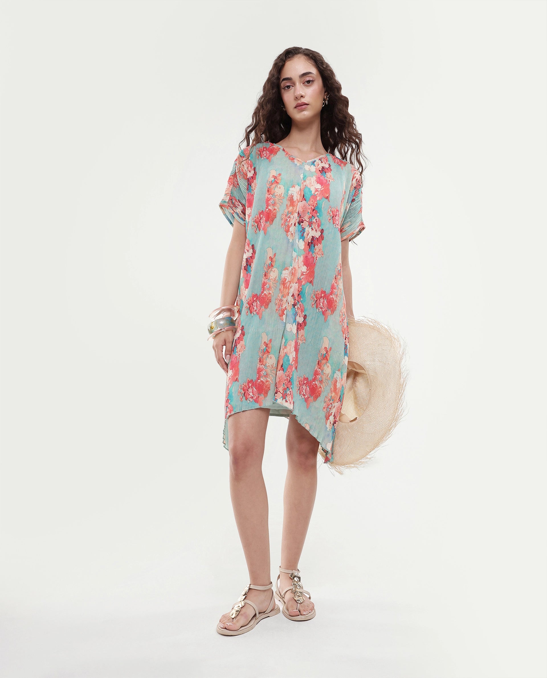 Rareism Women's Dellusion Multi Polyester Blend V-Neck Floral Print Extended Sleeves Mini Asymmetric Dress