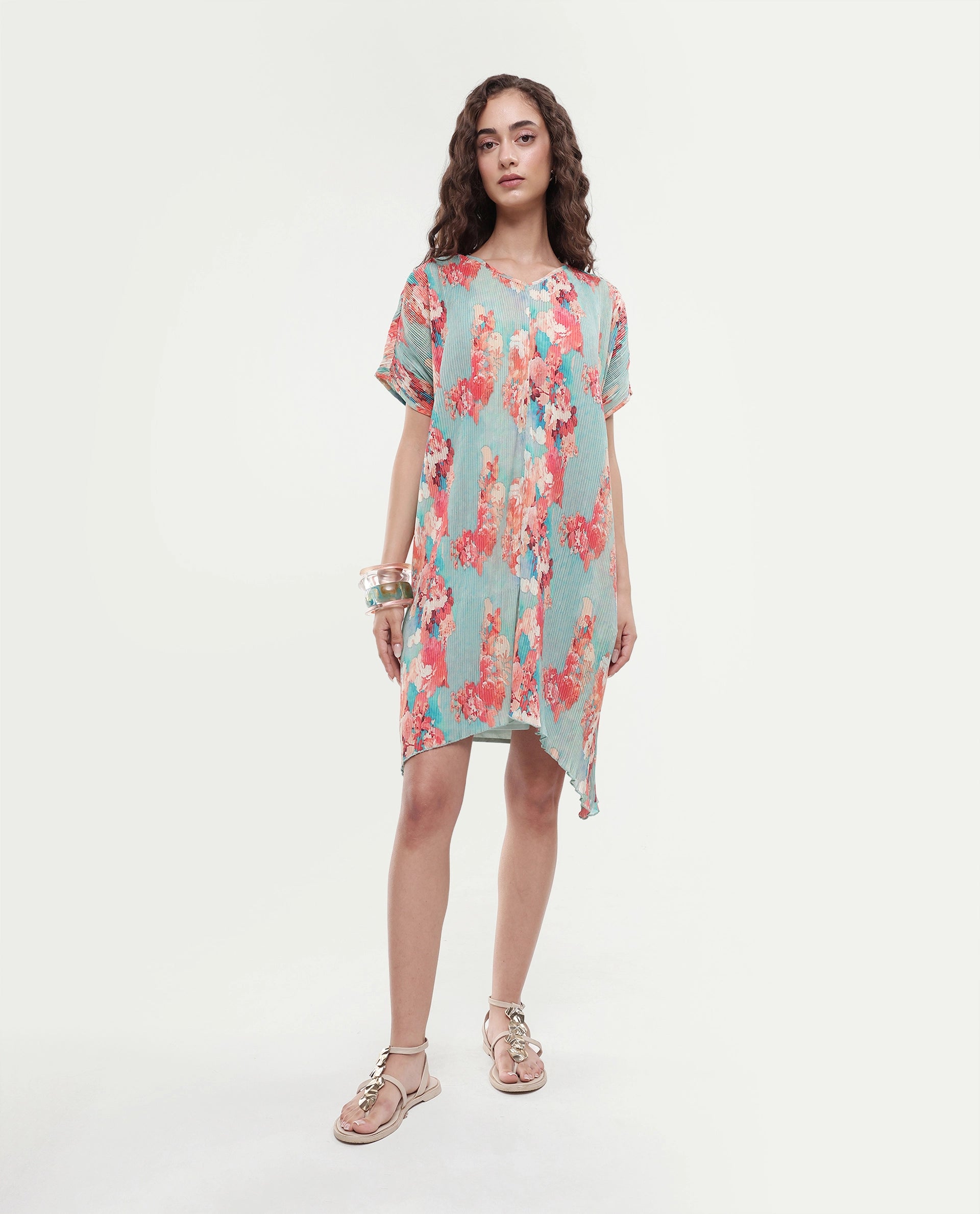 Rareism Women's Dellusion Multi Polyester Blend V-Neck Floral Print Extended Sleeves Mini Asymmetric Dress