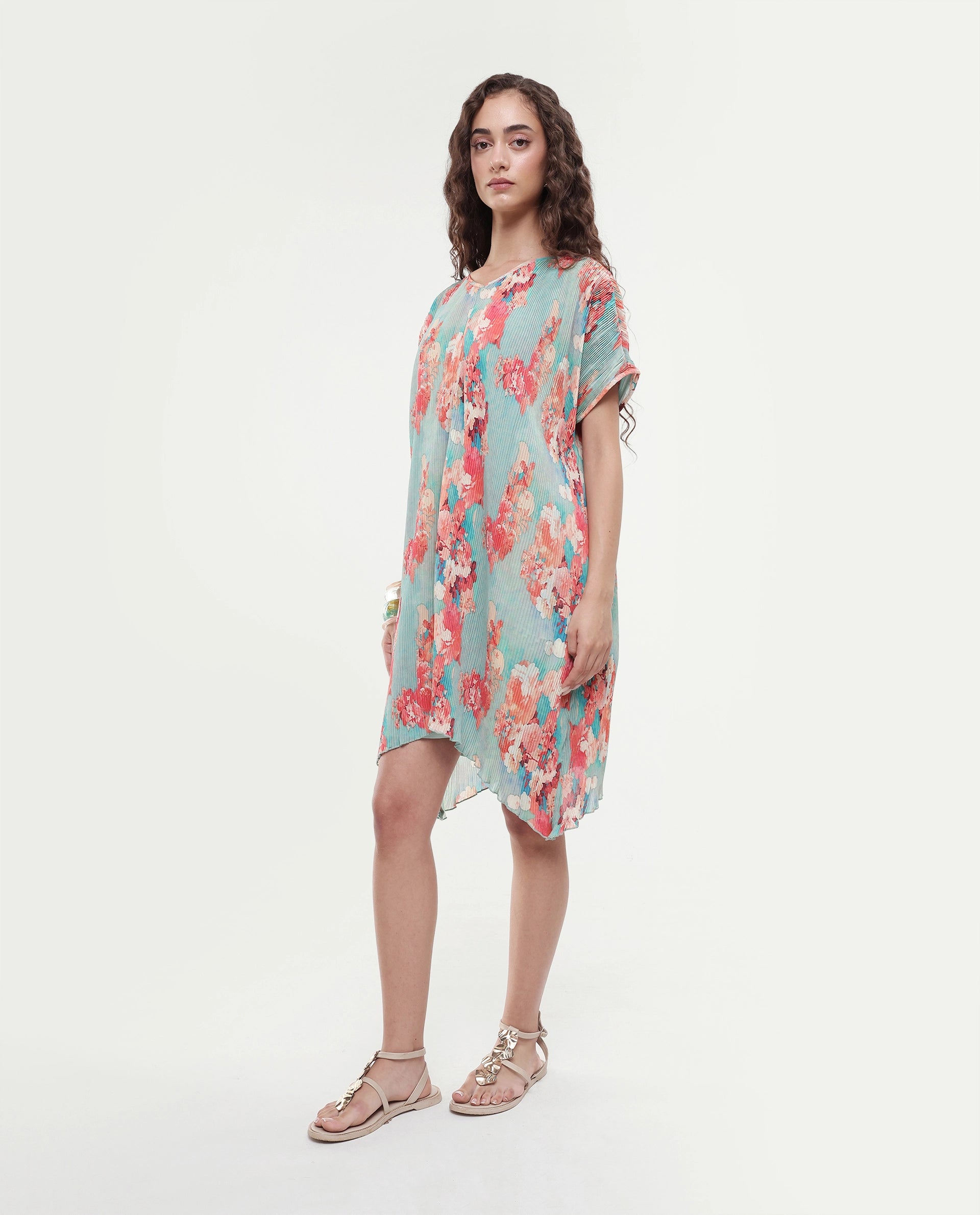 Rareism Women's Dellusion Multi Polyester Blend V-Neck Floral Print Extended Sleeves Mini Asymmetric Dress