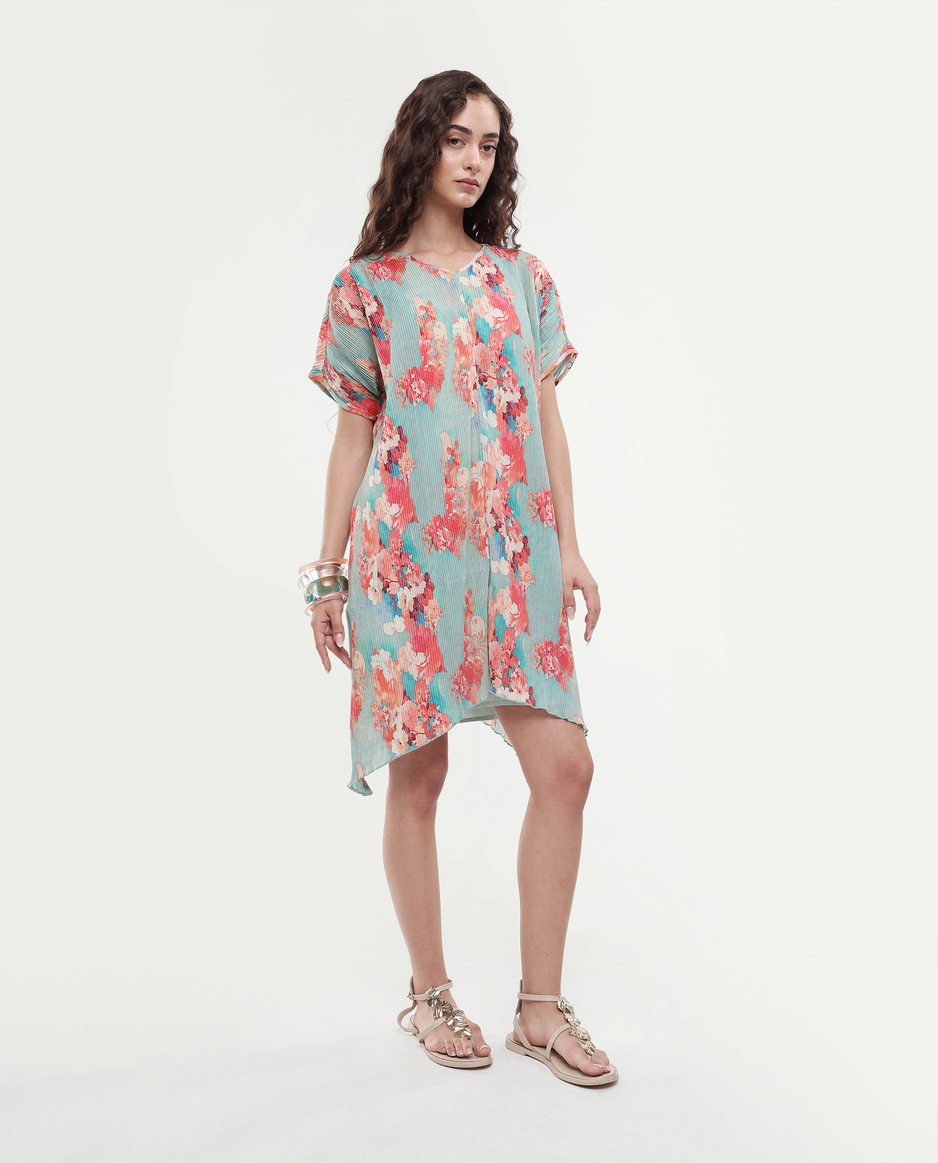 Rareism Women's Dellusion Multi Polyester Blend V-Neck Floral Print Extended Sleeves Mini Asymmetric Dress