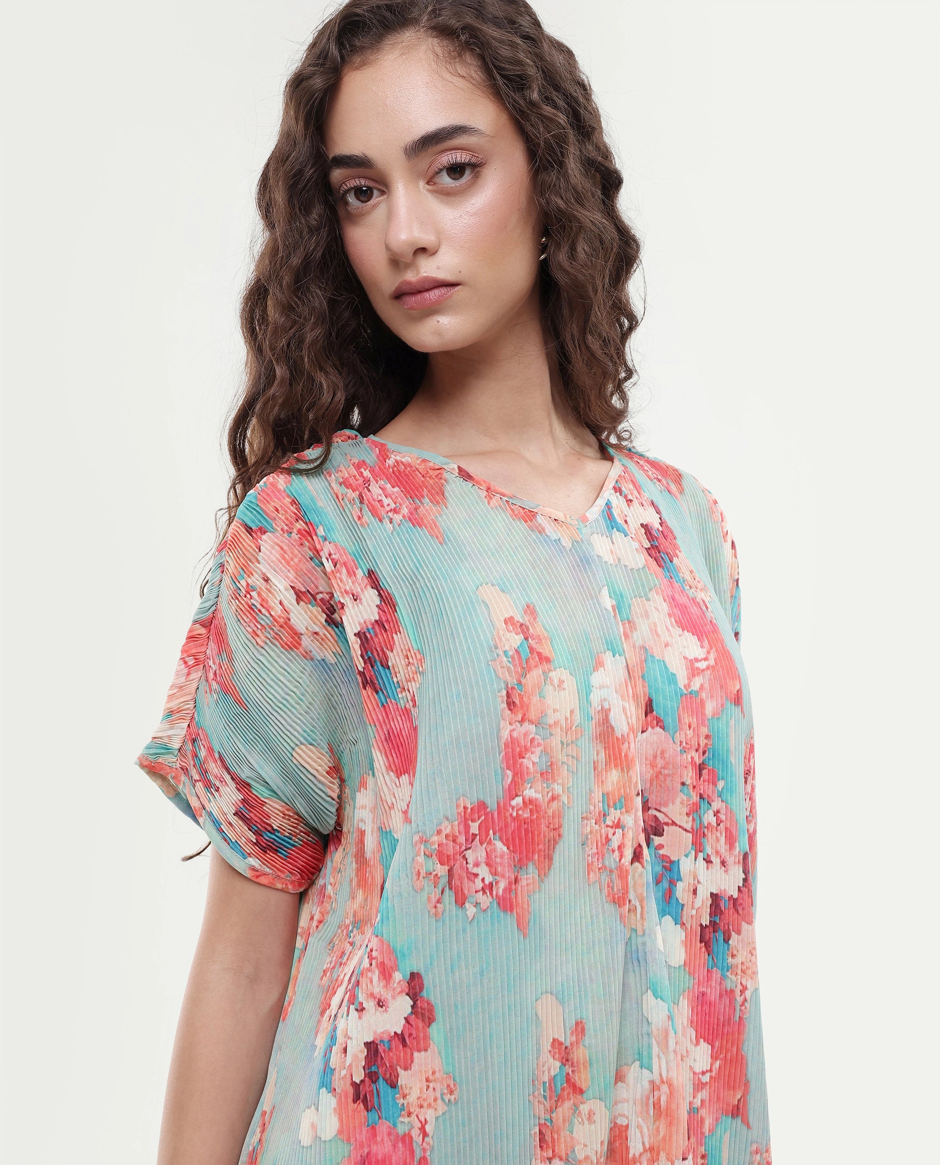 Rareism Women's Dellusion Multi Polyester Blend V-Neck Floral Print Extended Sleeves Mini Asymmetric Dress