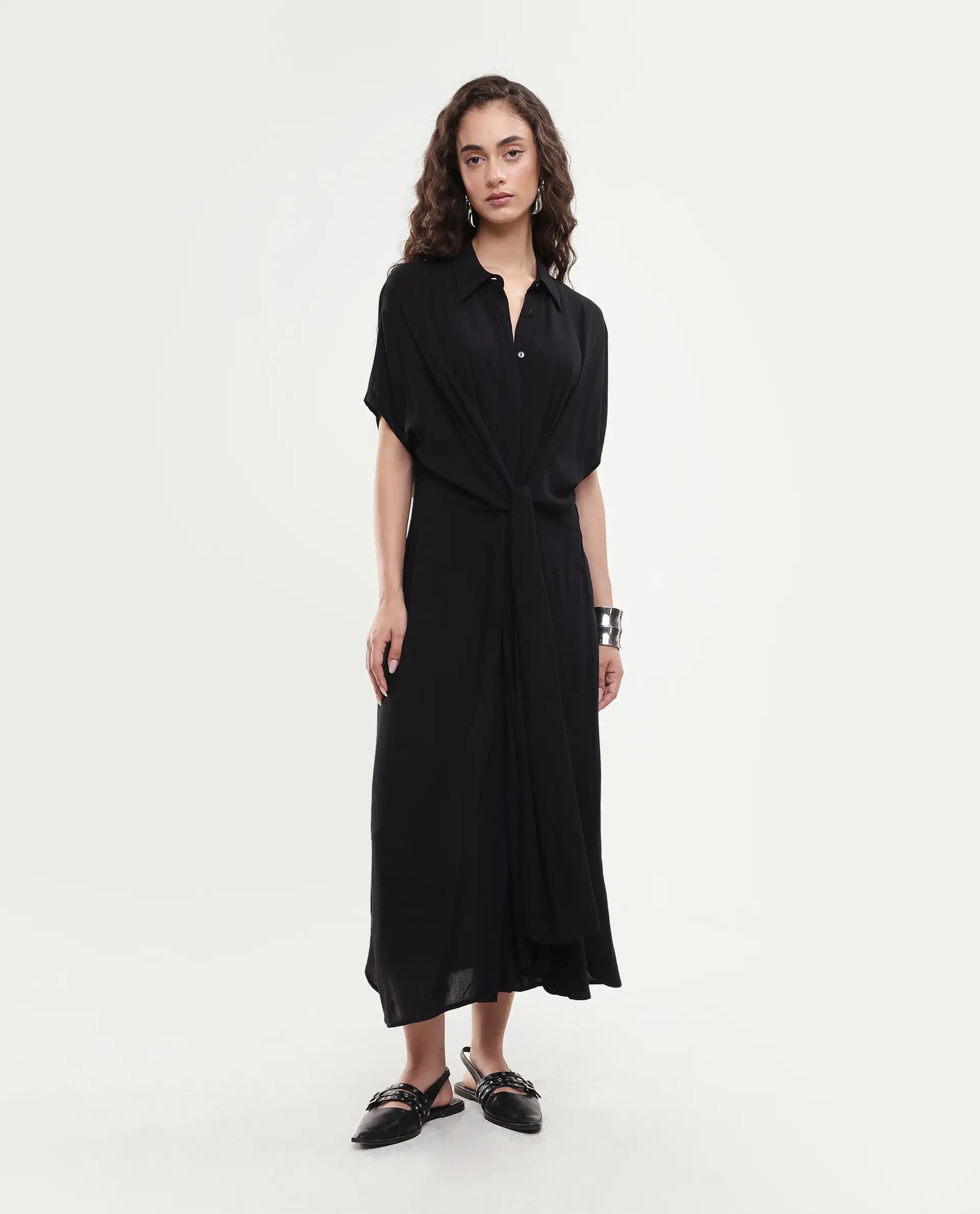 Rareism Women's Ella Black Drop Collar Plain Extended Sleeves Midi Relaxed Fit Dress