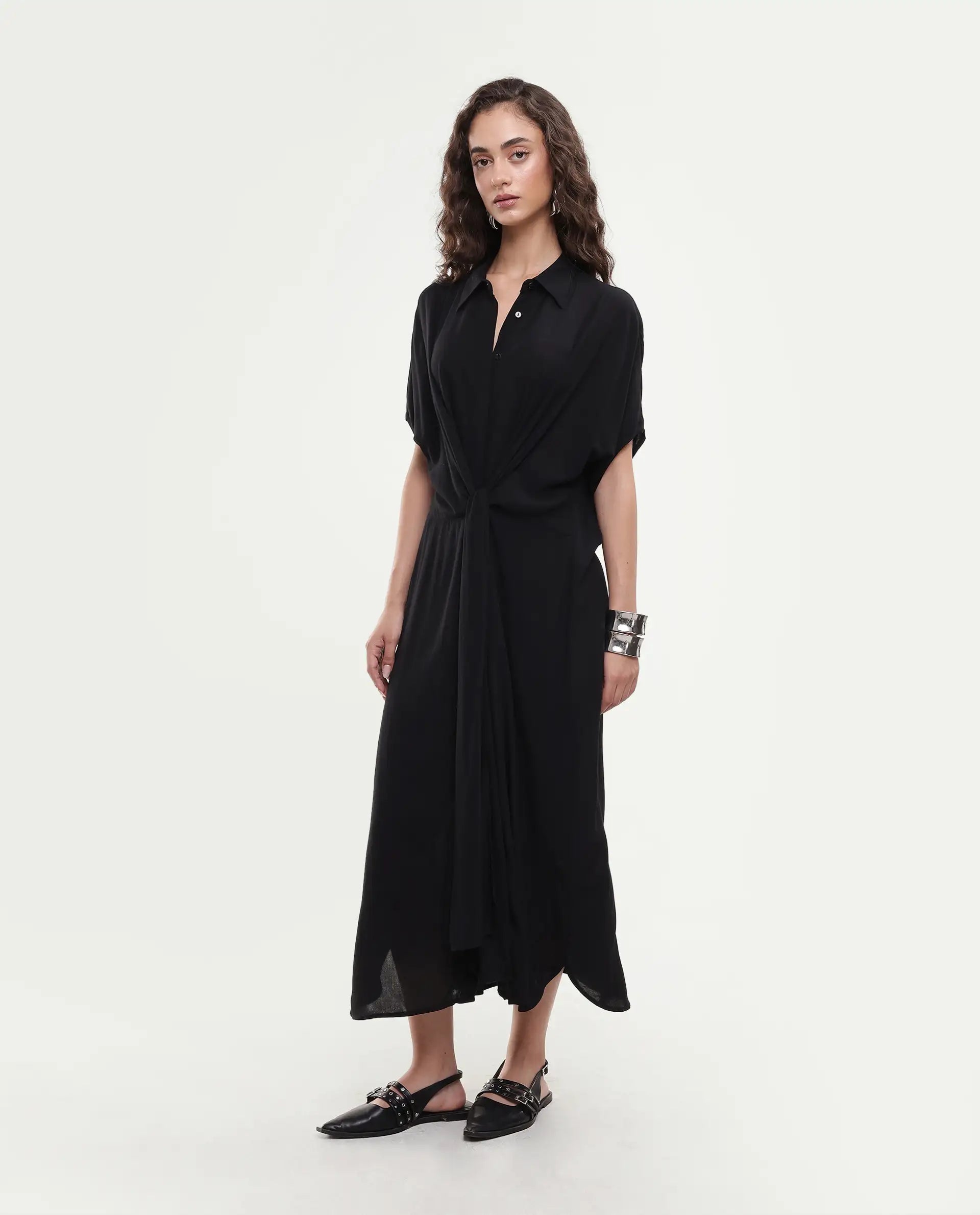 Rareism Women's Ella Black Drop Collar Plain Extended Sleeves Midi Relaxed Fit Dress