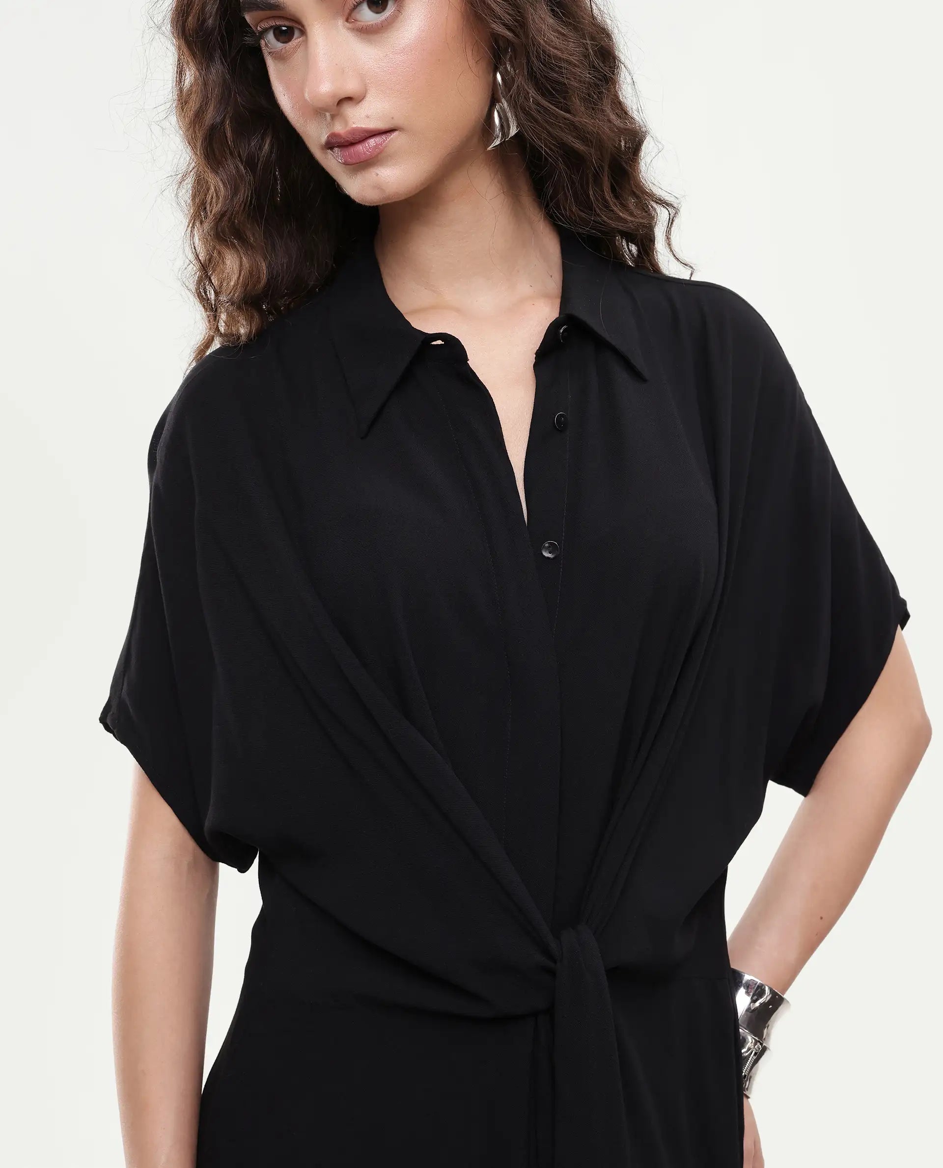 Rareism Women's Ella Black Drop Collar Plain Extended Sleeves Midi Relaxed Fit Dress