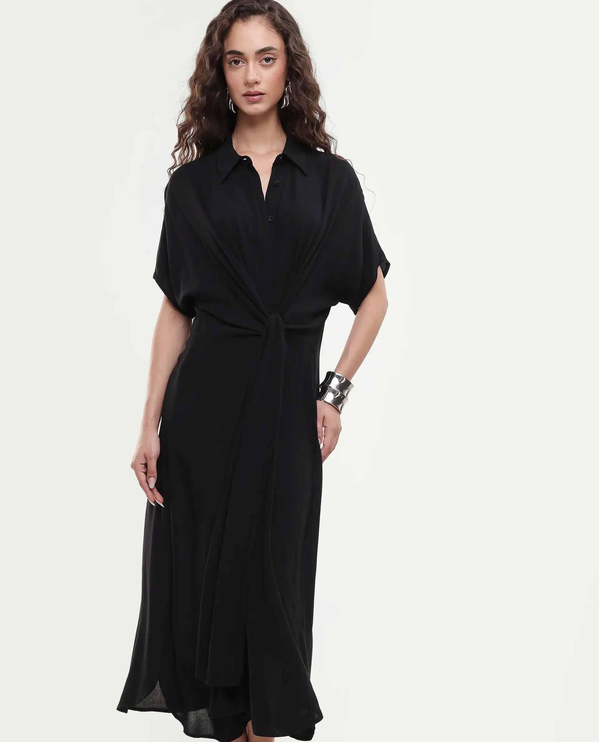 Rareism Women's Ella Black Drop Collar Plain Extended Sleeves Midi Relaxed Fit Dress