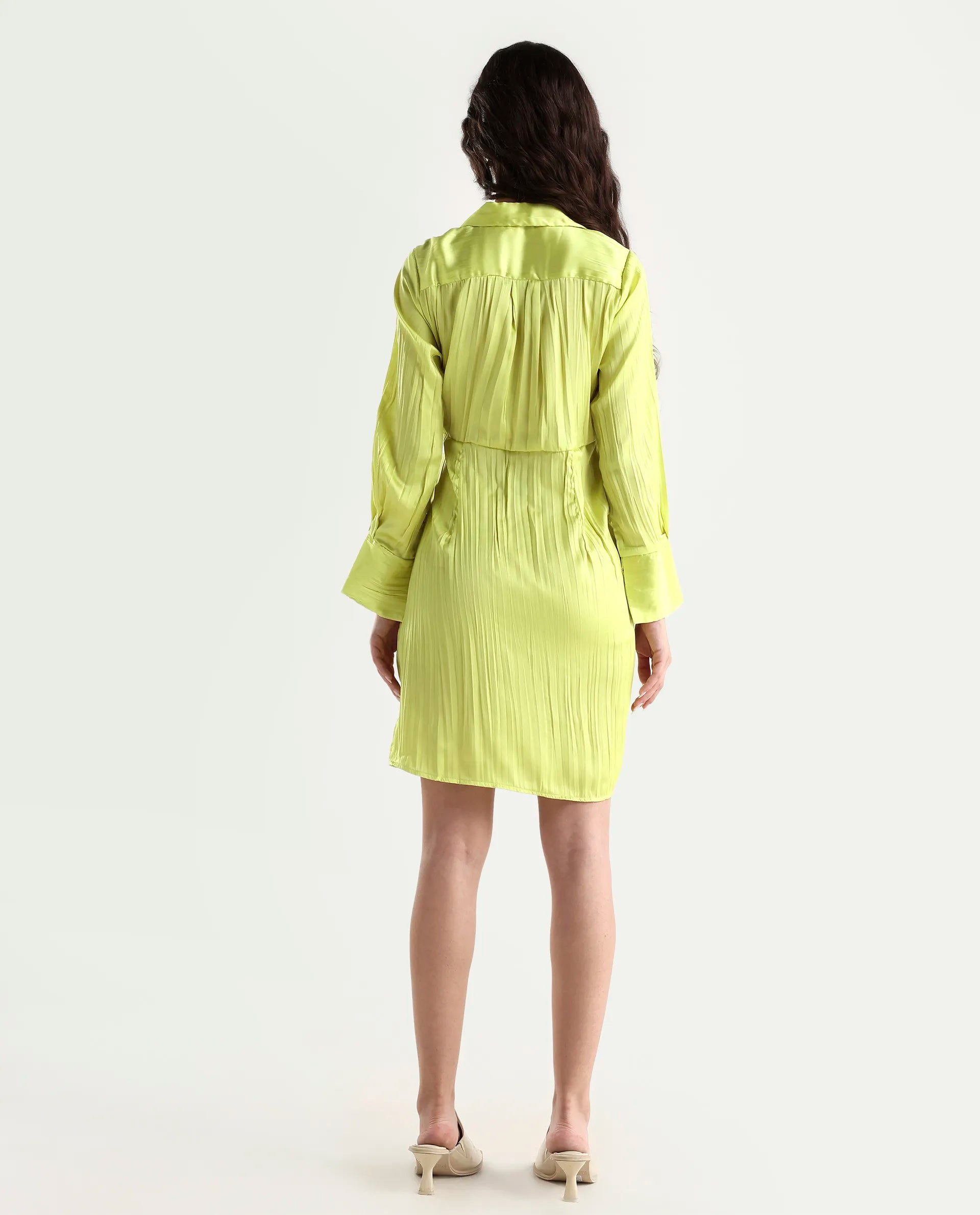 Rareism Women's Ladimir Flouroscent Green Polyester Blend Spread Collar Plain Cuffed Sleeve Mini Wrap Dress