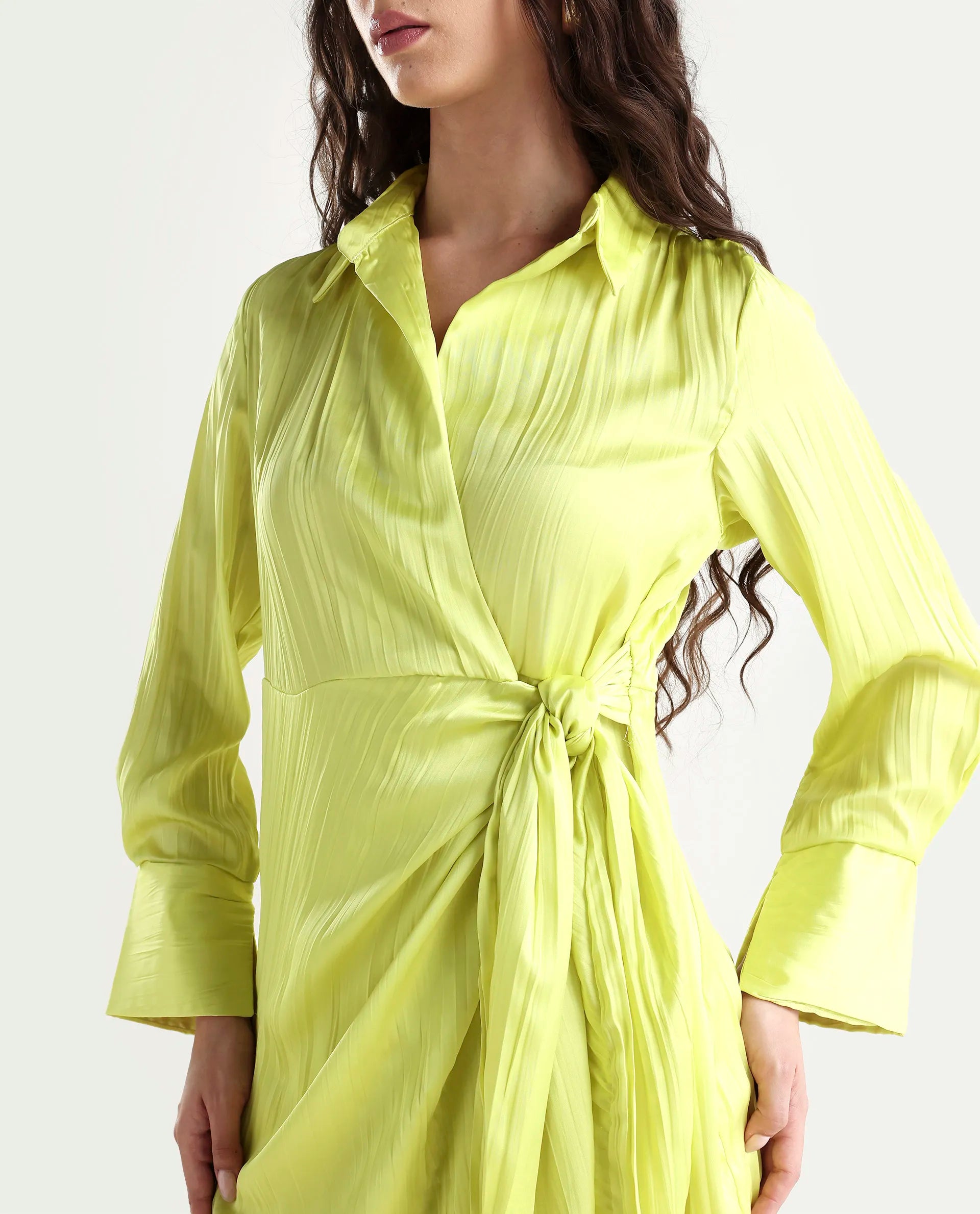 Rareism Women's Ladimir Flouroscent Green Polyester Blend Spread Collar Plain Cuffed Sleeve Mini Wrap Dress