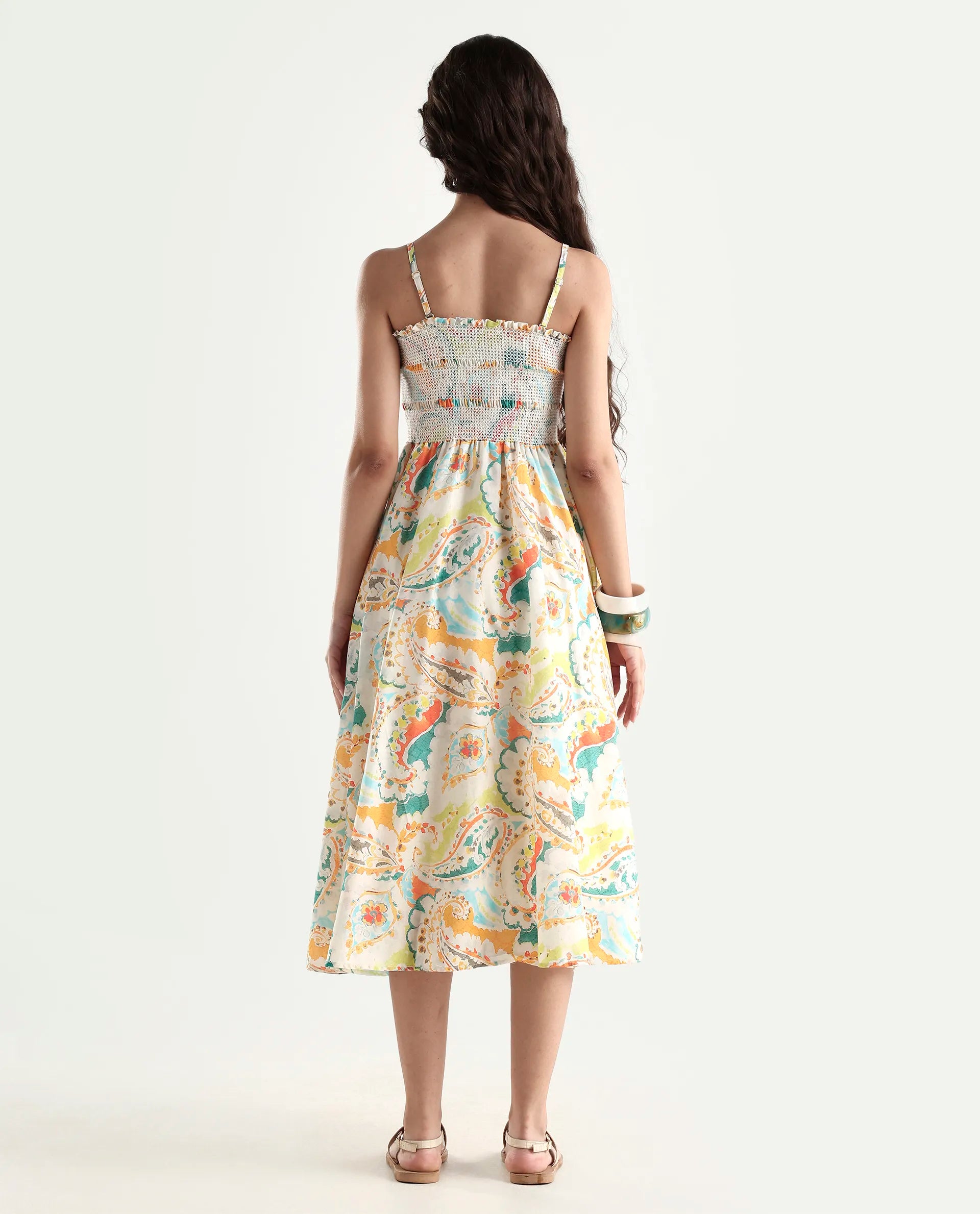 Rareism Women's Lenoid Multi Cotton Shoulder Strap Paisley Print Sleeveless Midi Fit And Flare Dress