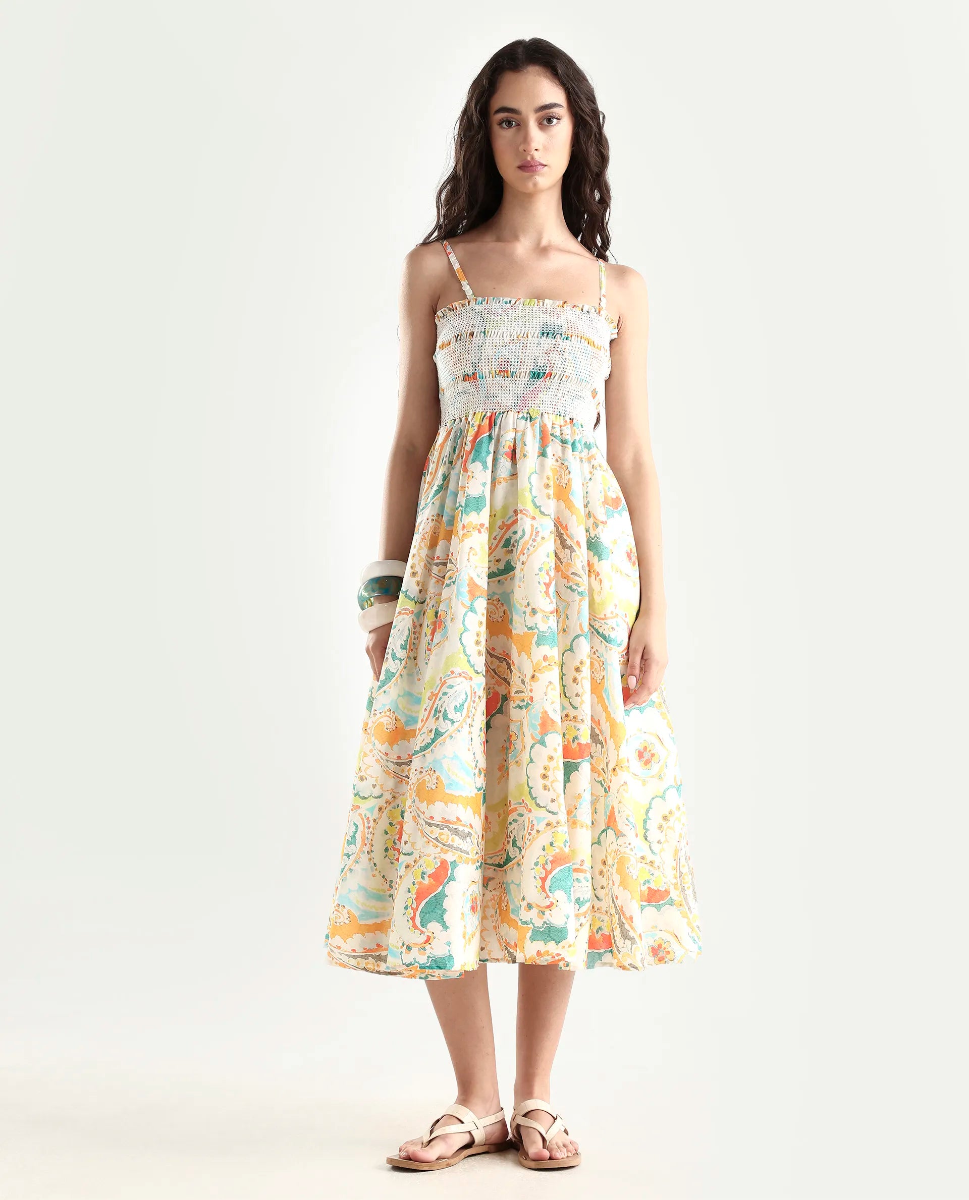 Rareism Women's Lenoid Multi Cotton Shoulder Strap Paisley Print Sleeveless Midi Fit And Flare Dress