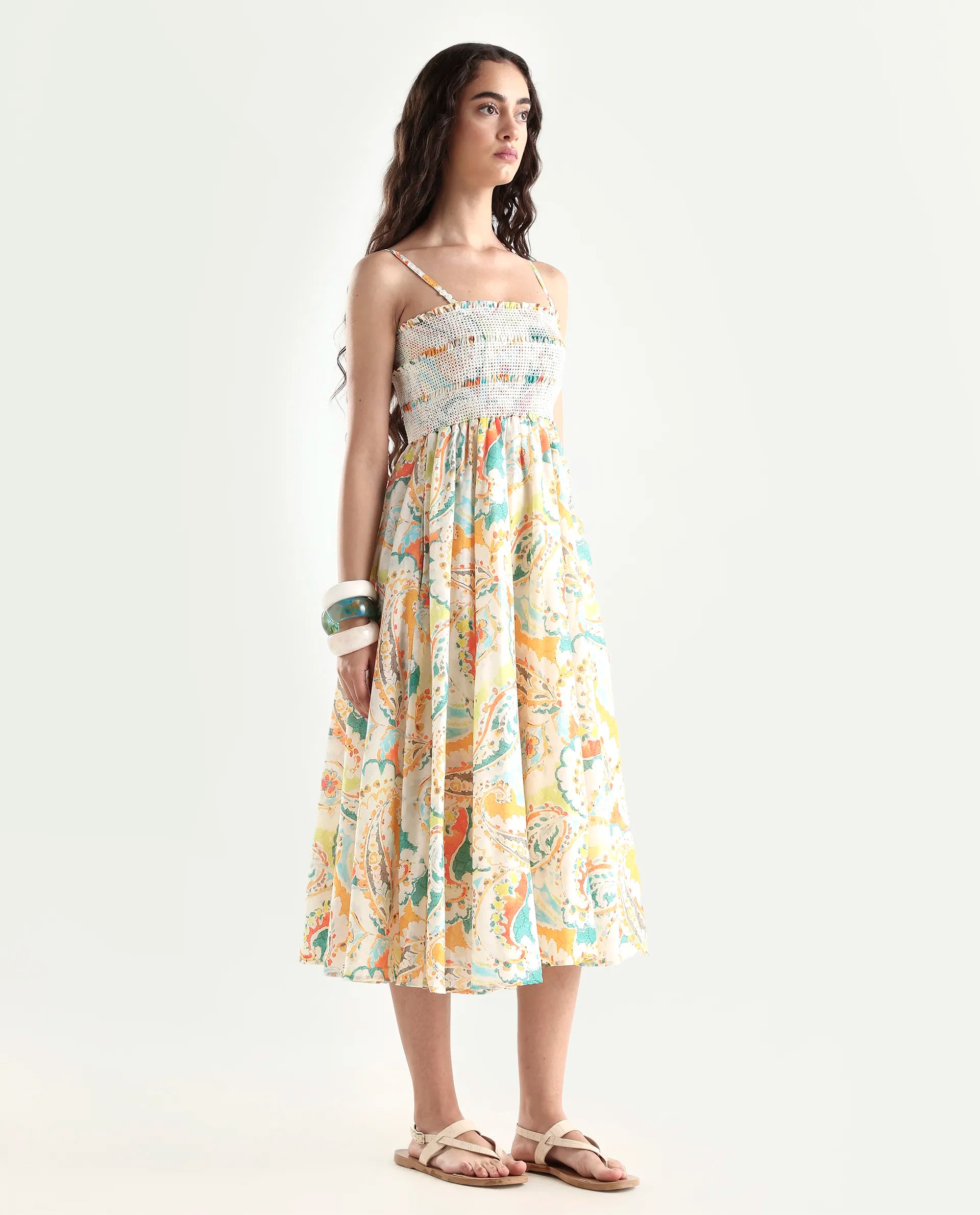 Rareism Women's Lenoid Multi Cotton Shoulder Strap Paisley Print Sleeveless Midi Fit And Flare Dress