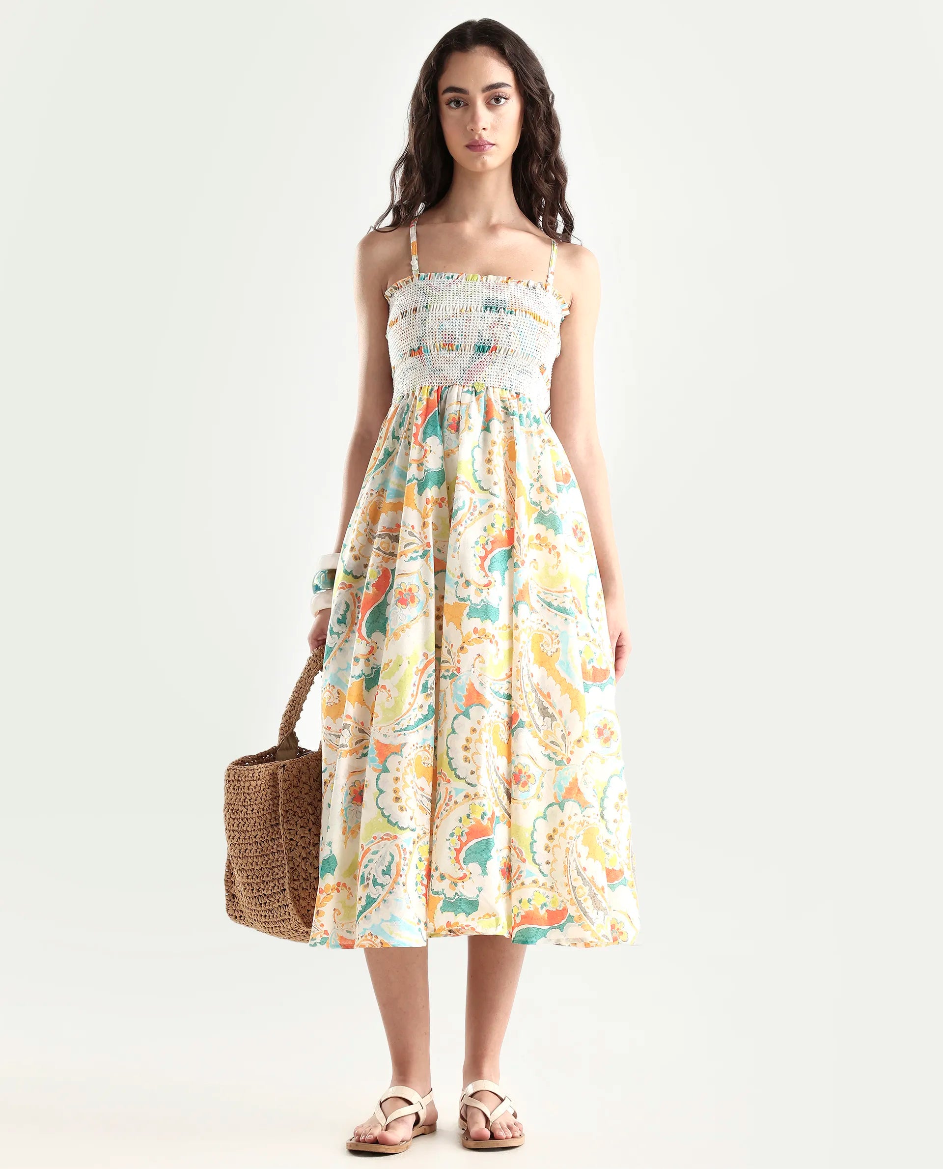 Rareism Women's Lenoid Multi Cotton Shoulder Strap Paisley Print Sleeveless Midi Fit And Flare Dress