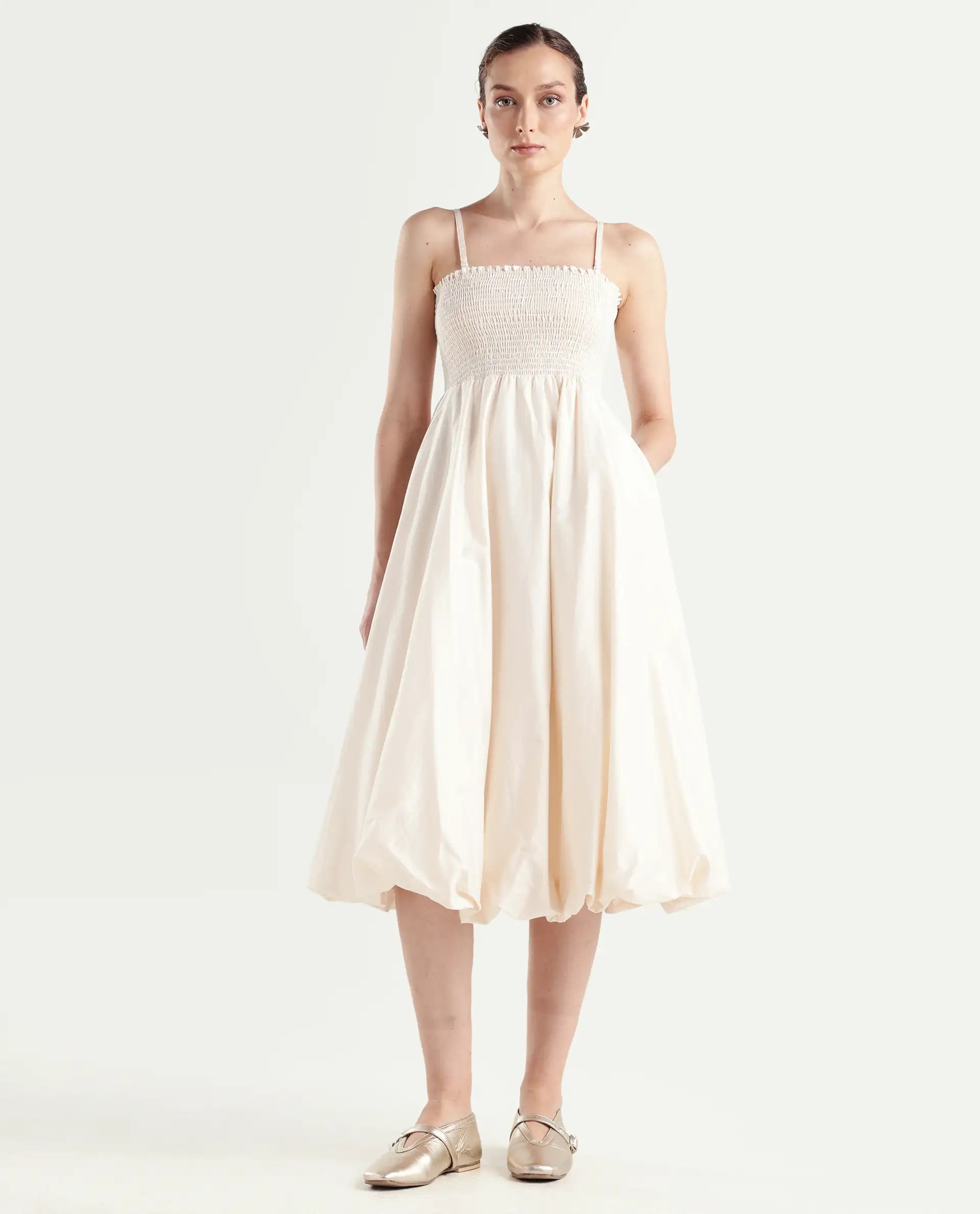 Rareism Women's Oligue Beige Cotton Shoulder Strap Plain Shoulder Strap Midi Fit And Flare Dress