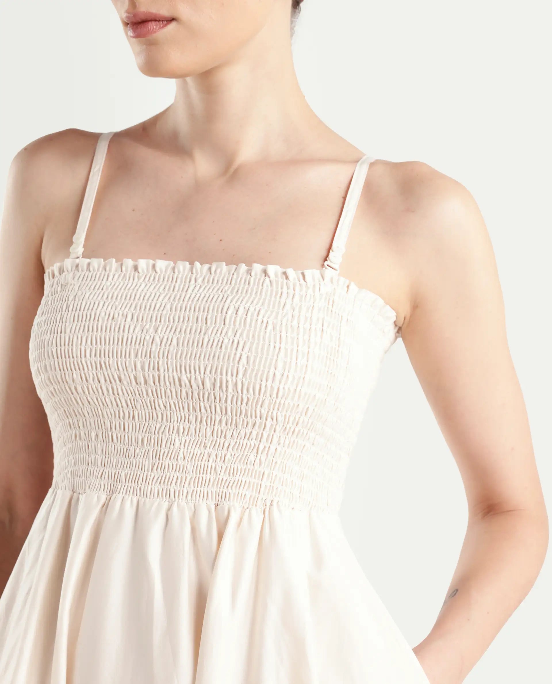 Rareism Women's Oligue Beige Cotton Shoulder Strap Plain Shoulder Strap Midi Fit And Flare Dress