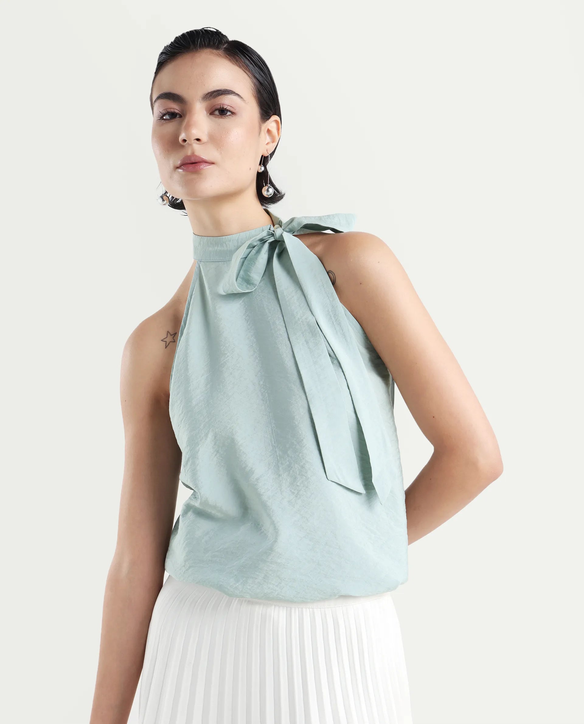 Rareism Women's Pinnacle Green Viscose Blend Halter Neck Plain Sleeveless Regular Fit Top