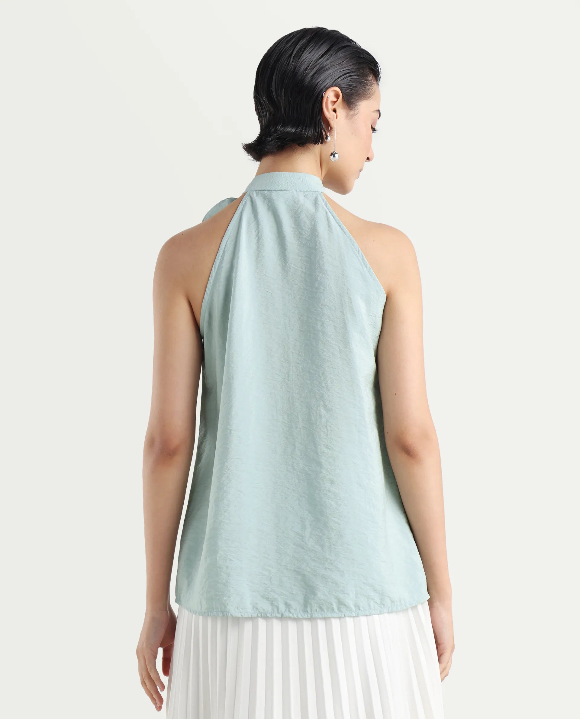 Rareism Women's Pinnacle Green Viscose Blend Halter Neck Plain Sleeveless Regular Fit Top