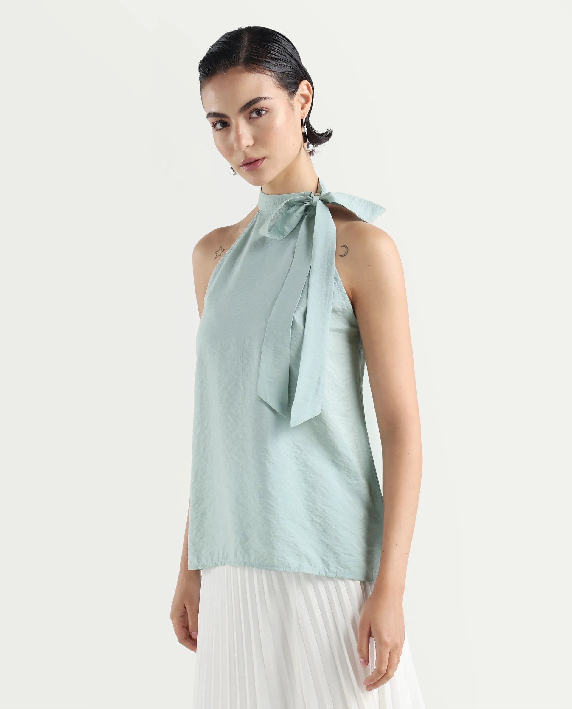 Rareism Women's Pinnacle Green Viscose Blend Halter Neck Plain Sleeveless Regular Fit Top