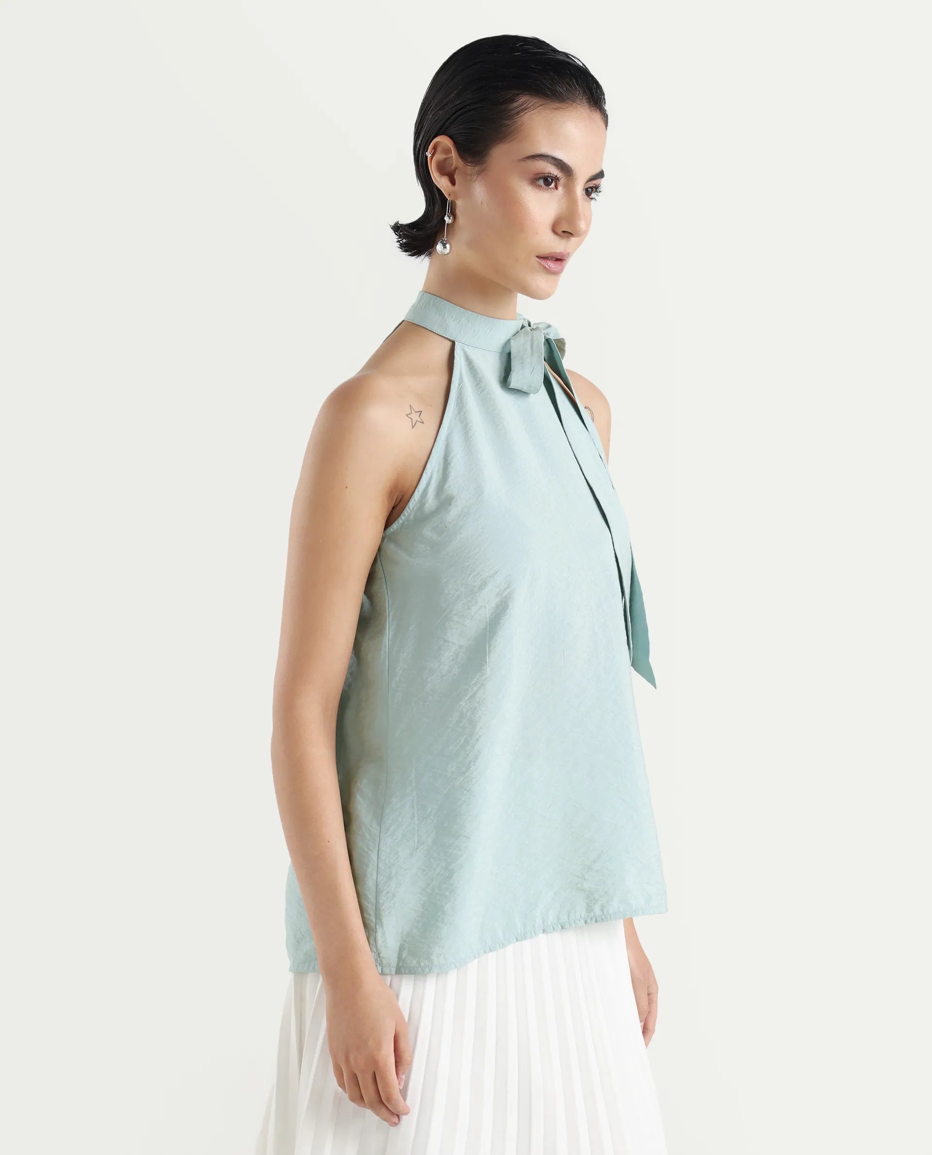 Rareism Women's Pinnacle Green Viscose Blend Halter Neck Plain Sleeveless Regular Fit Top