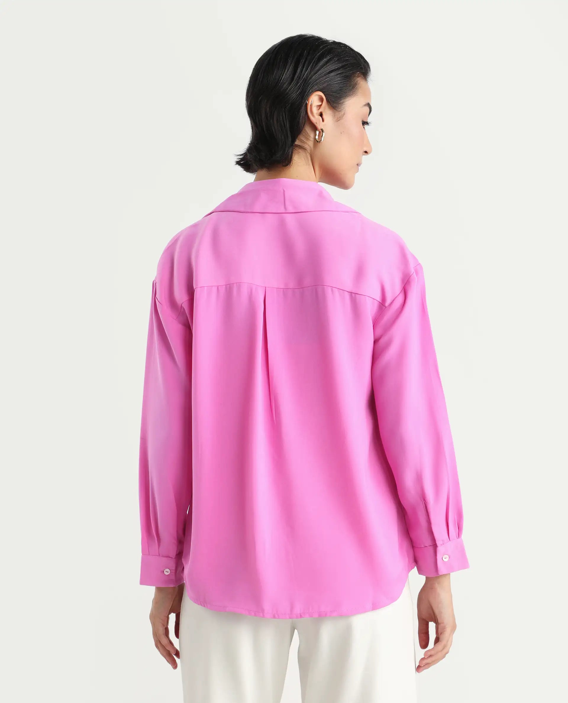 Rareism Women's Sergey-T Pink Polyester Drop Collar Plain Cuffed Sleeve Regular Fit Top