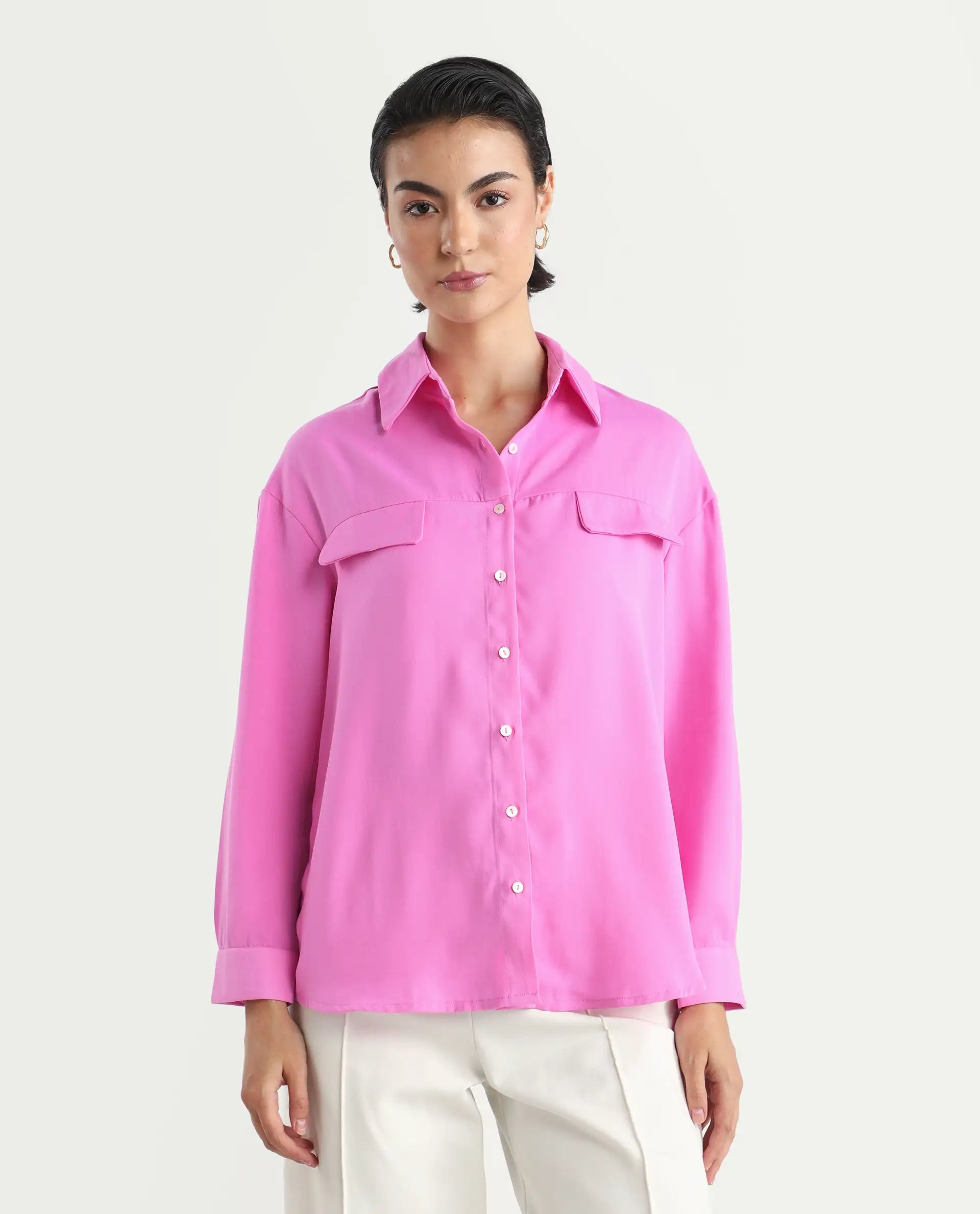 Rareism Women's Sergey-T Pink Polyester Drop Collar Plain Cuffed Sleeve Regular Fit Top