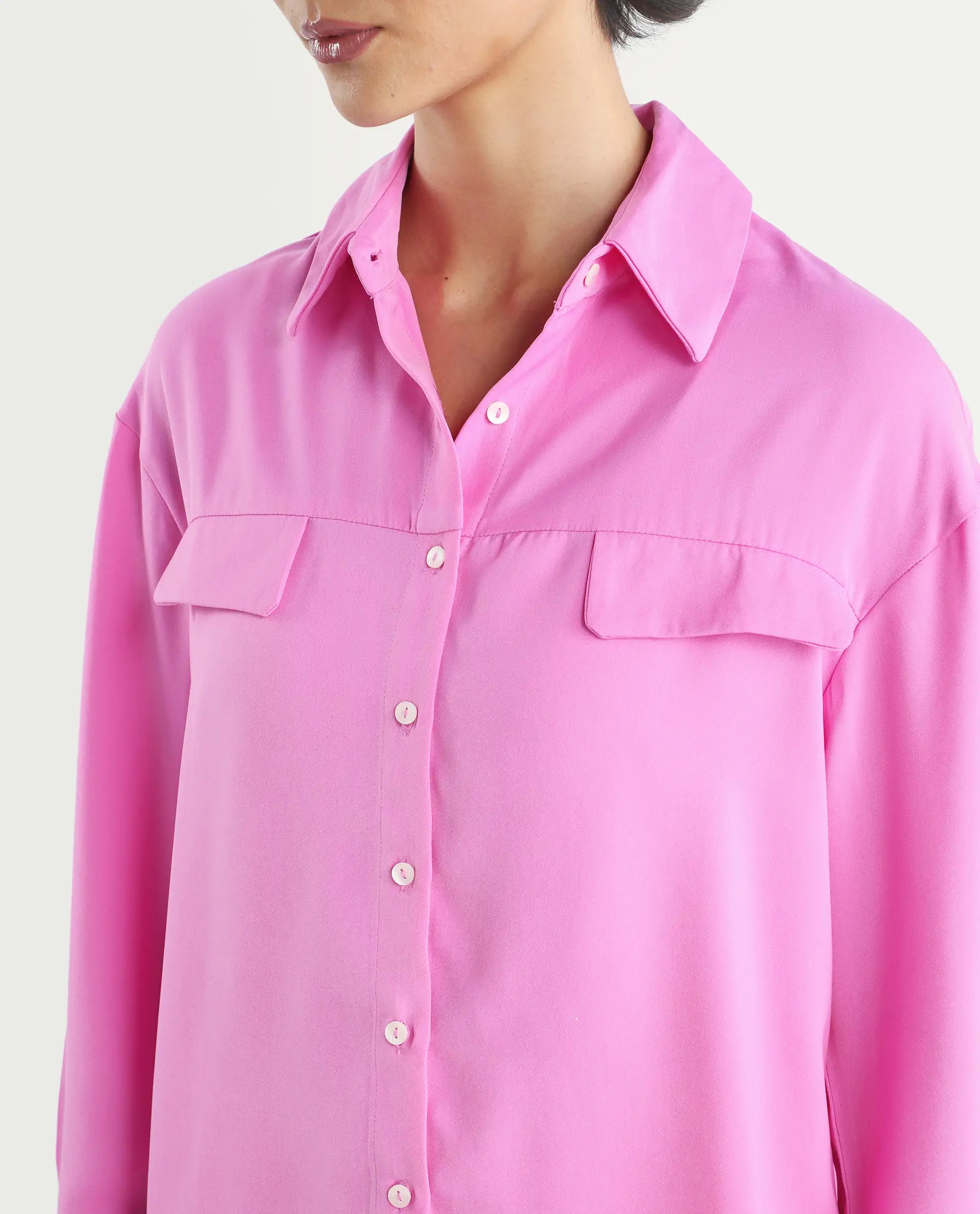 Rareism Women's Sergey-T Pink Polyester Drop Collar Plain Cuffed Sleeve Regular Fit Top