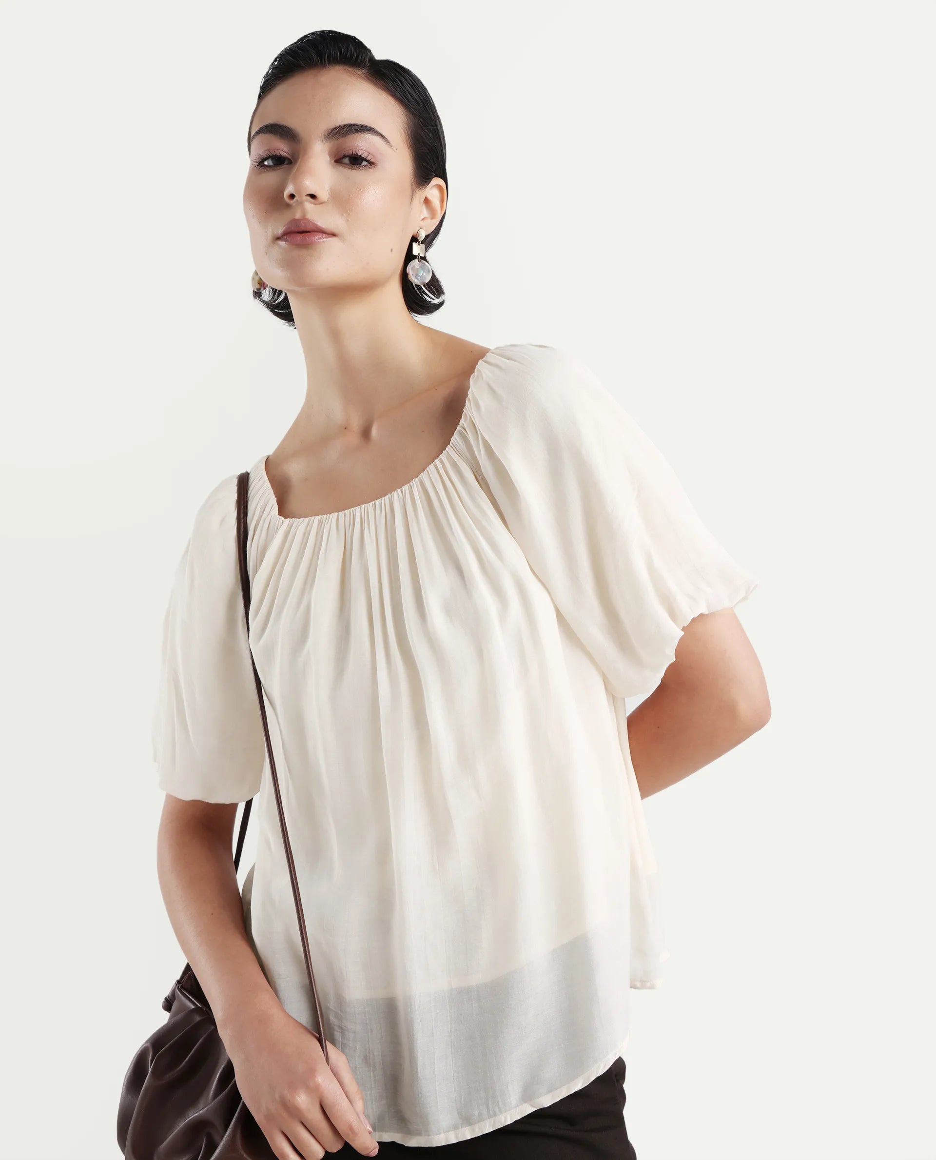 Rareism Women's Yelan Beige Square Neck Plain Balloon Sleeve Relaxed Fit Top