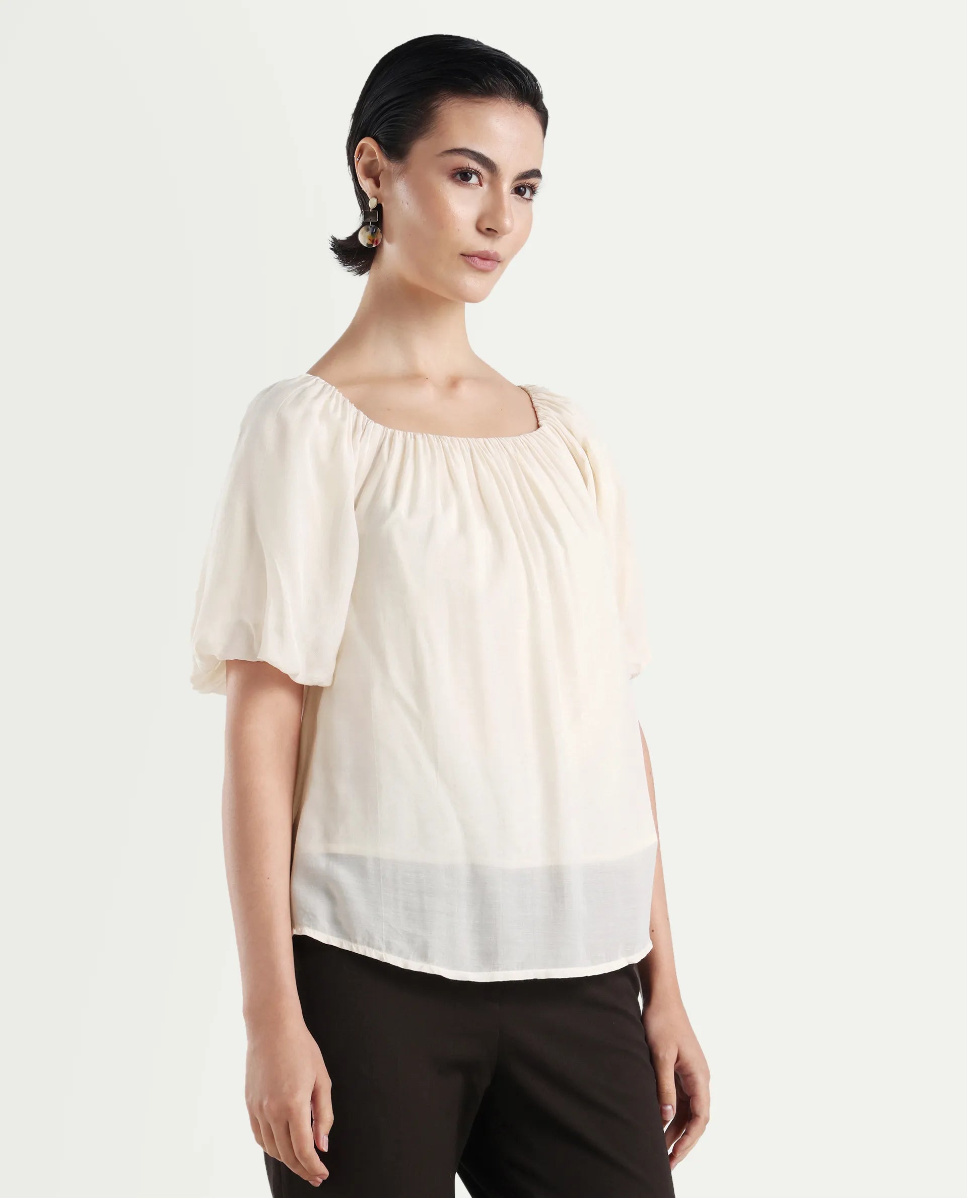 Rareism Women's Yelan Beige Square Neck Plain Balloon Sleeve Relaxed Fit Top