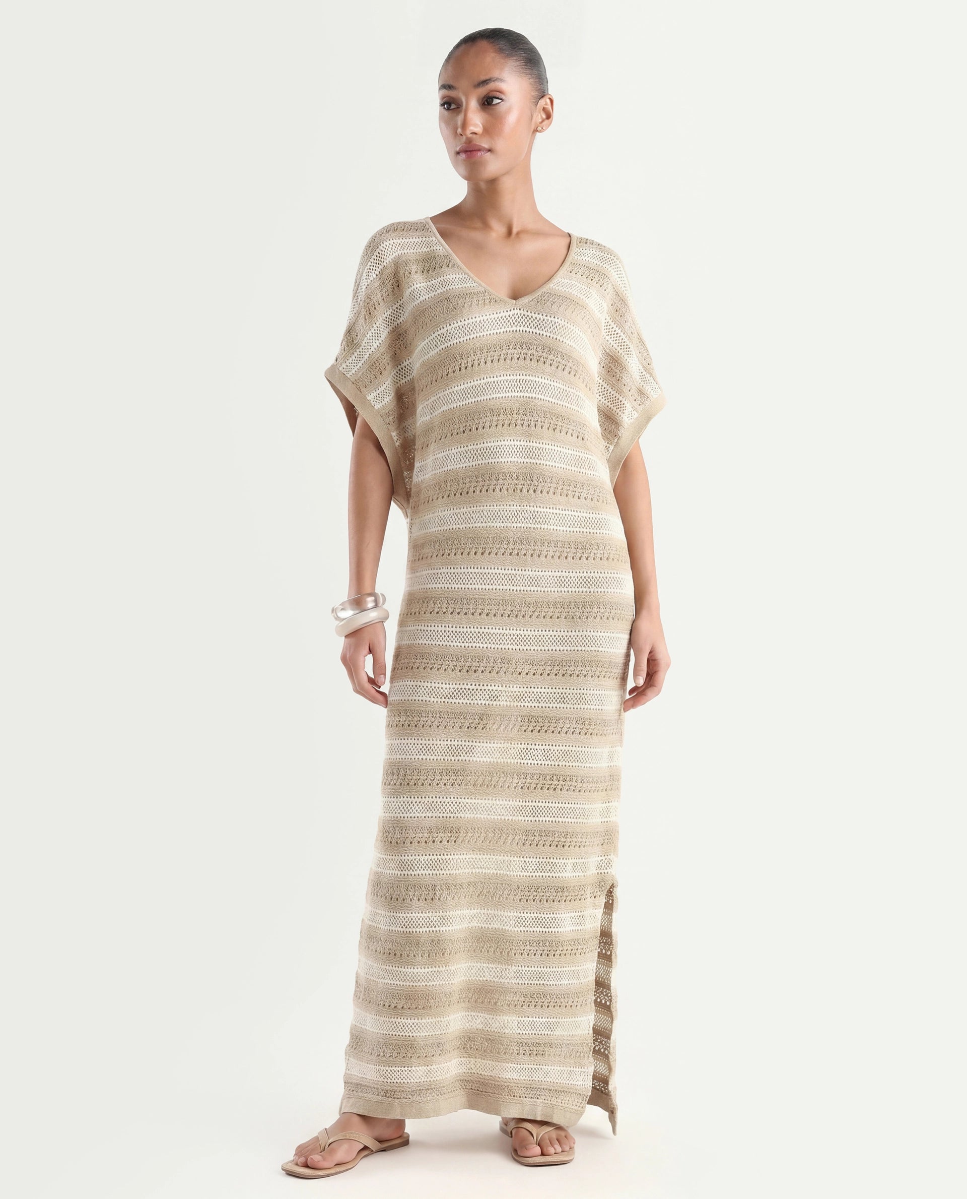 Rareism Women's Haraya Beige Cotton V-Neck Striped Extended Sleeves Maxi Relaxed Fit Dress