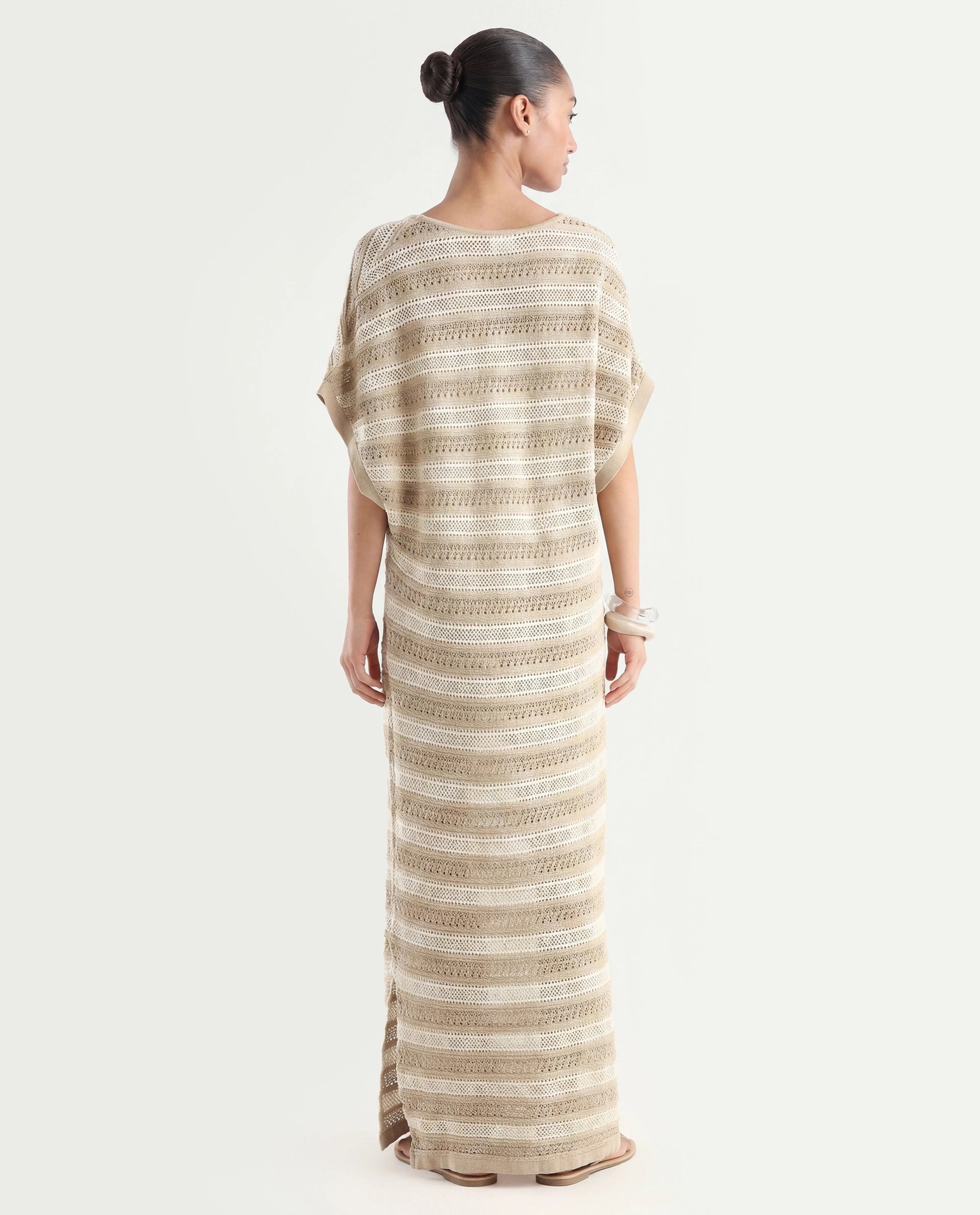 Rareism Women's Haraya Beige Cotton V-Neck Striped Extended Sleeves Maxi Relaxed Fit Dress