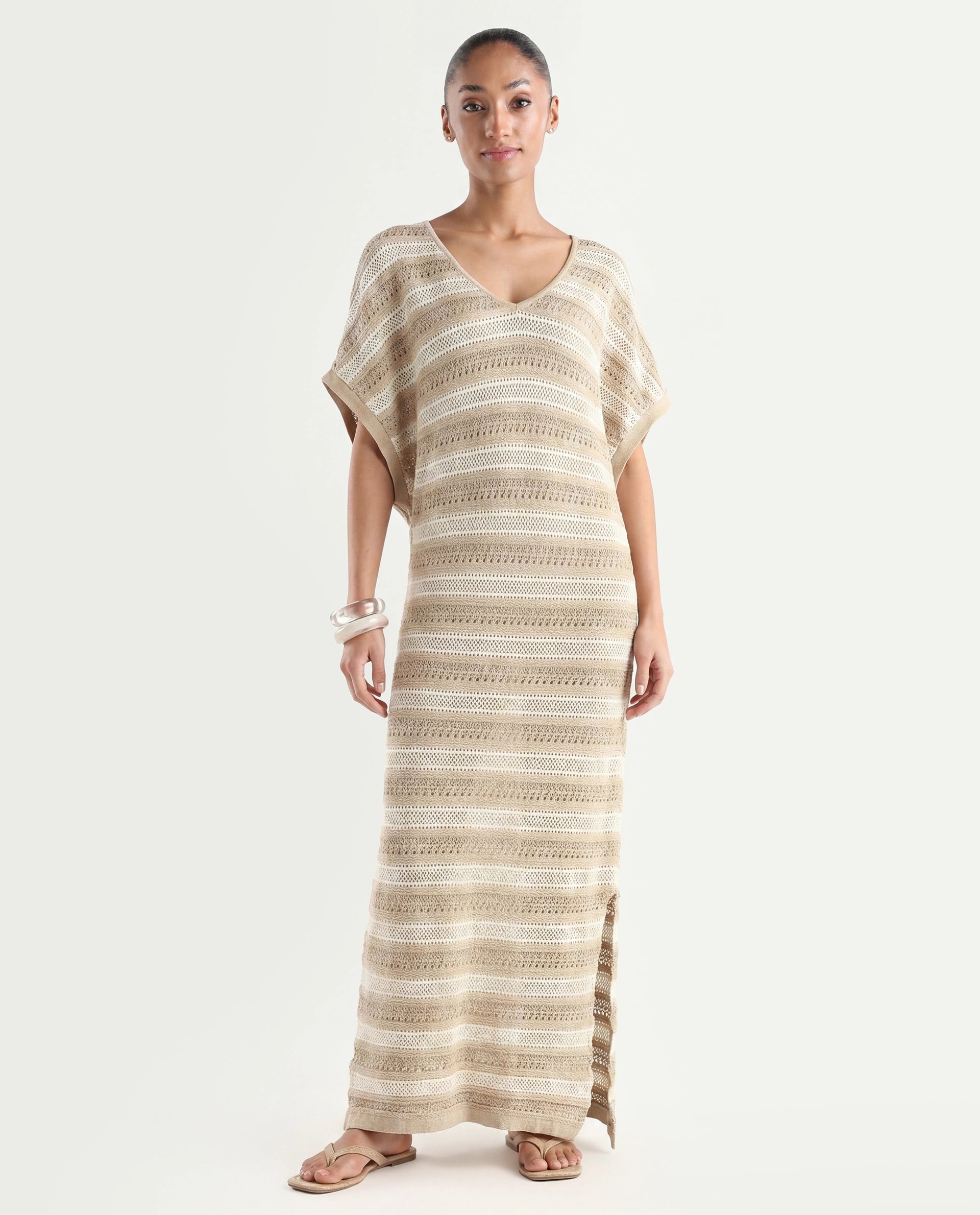 Rareism Women's Haraya Beige Cotton V-Neck Striped Extended Sleeves Maxi Relaxed Fit Dress