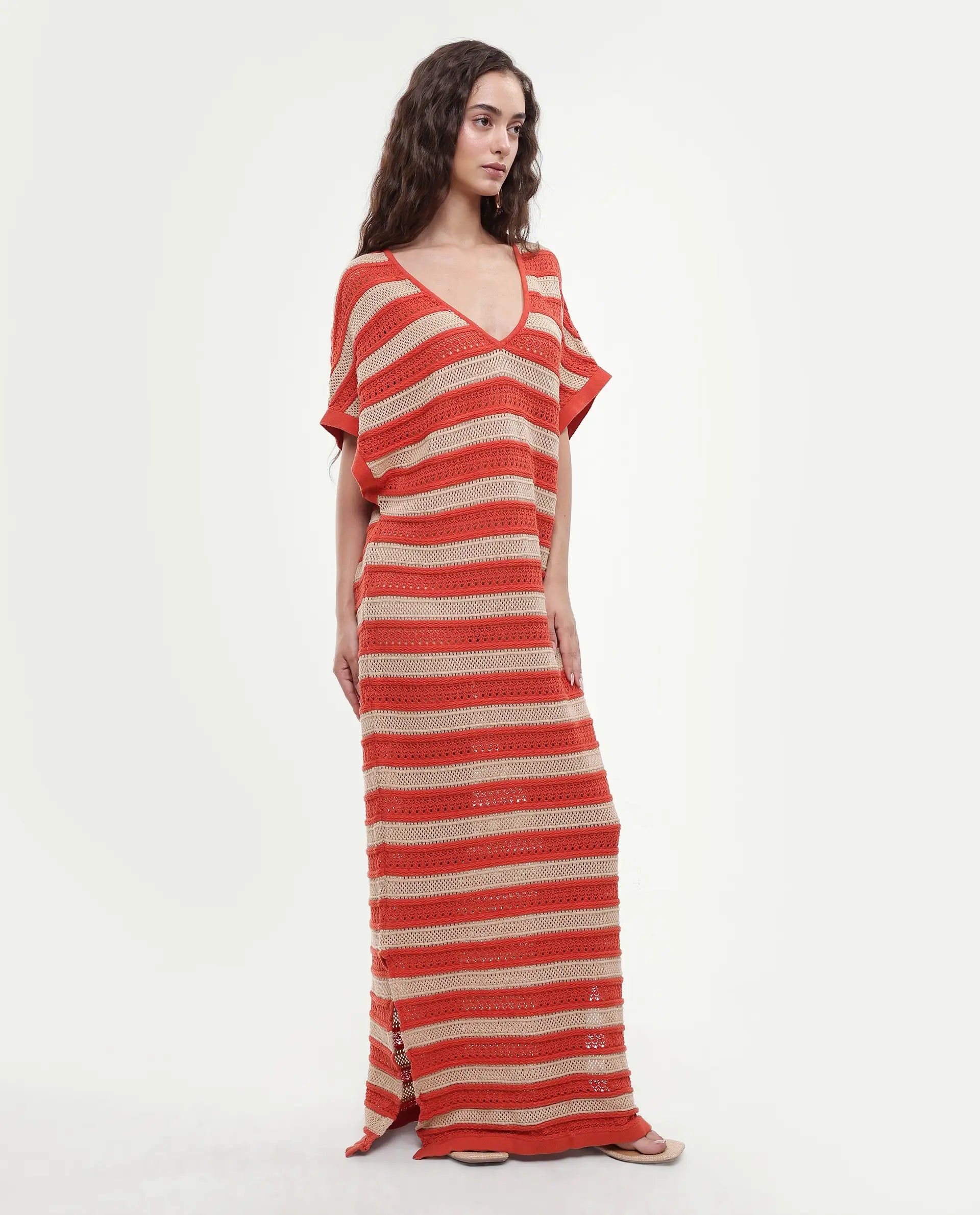 Rareism Women's Haraya Orange Cotton V-Neck Striped Extended Sleeves Maxi Relaxed Fit Dress