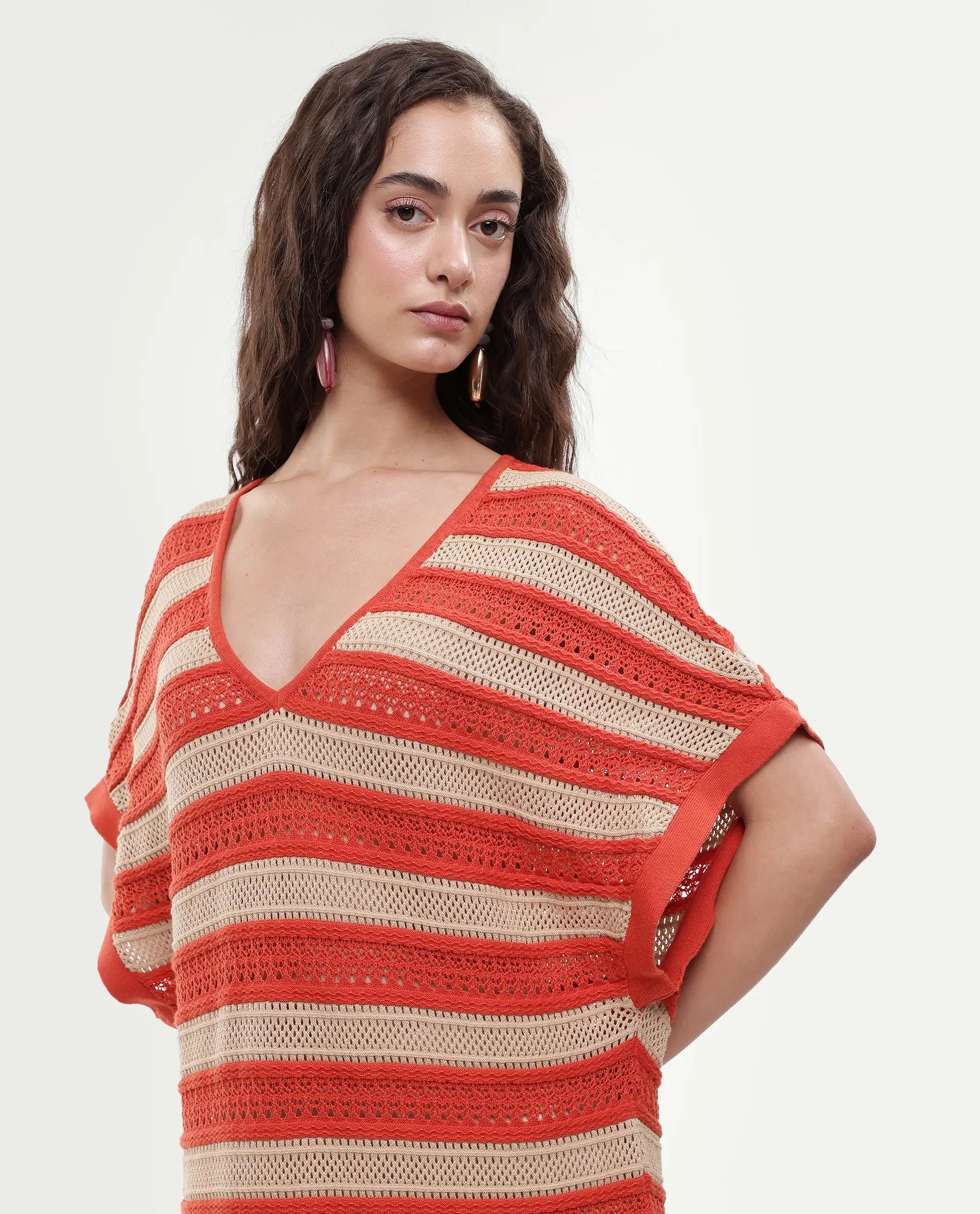 Rareism Women's Haraya Orange Cotton V-Neck Striped Extended Sleeves Maxi Relaxed Fit Dress