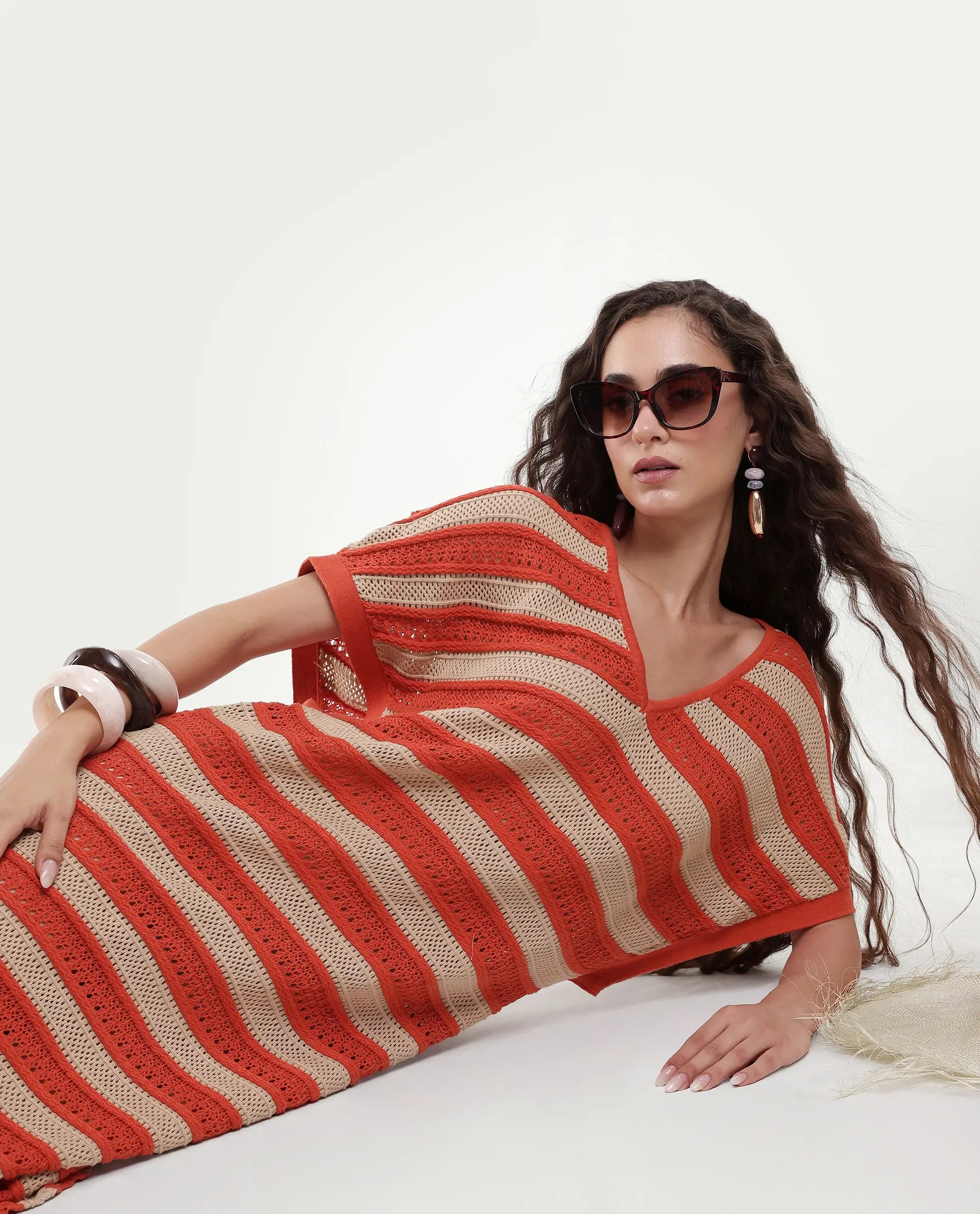 Rareism Women's Haraya Orange Cotton V-Neck Striped Extended Sleeves Maxi Relaxed Fit Dress