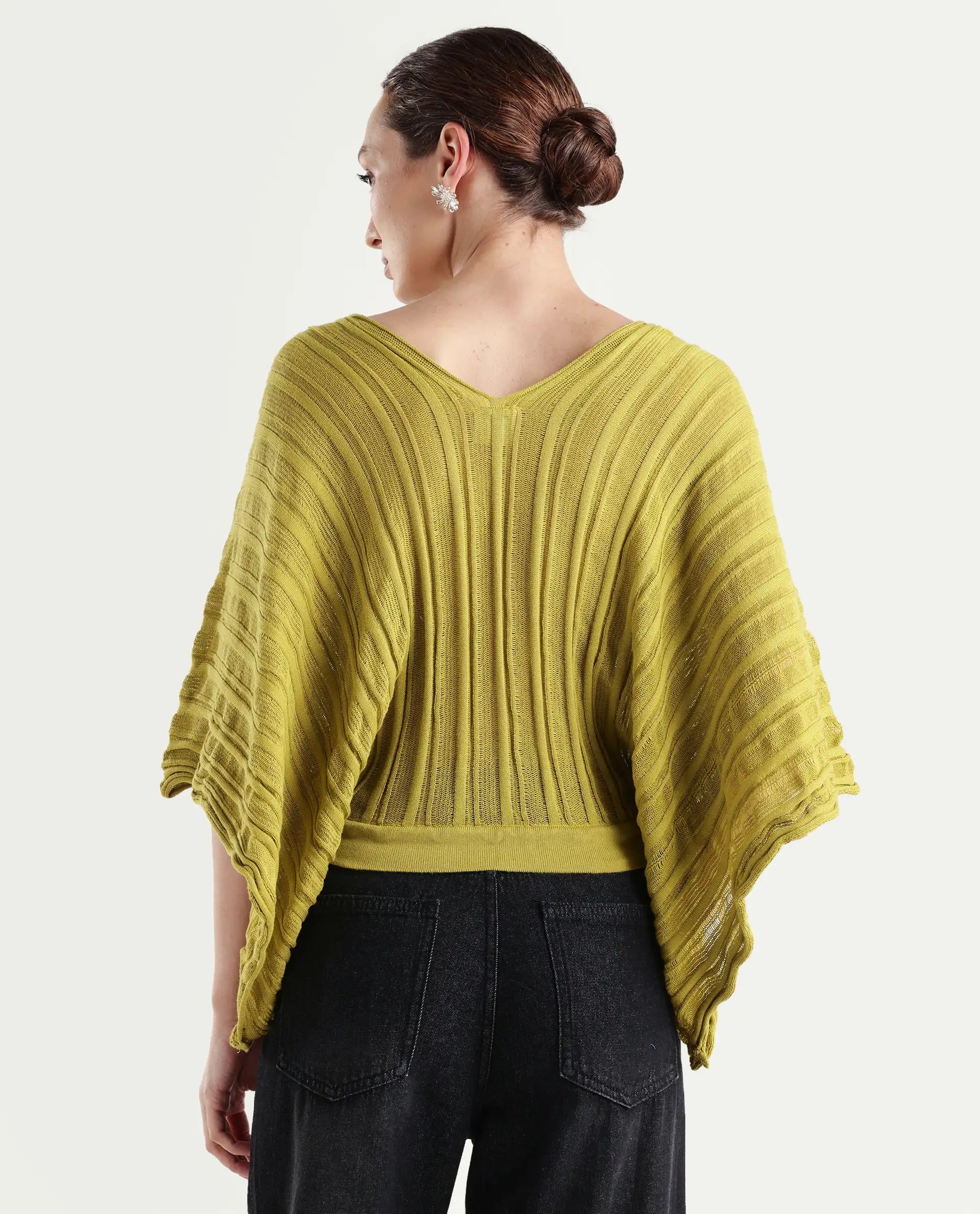 Rareism Women's Marida Olive Cotton V-Neck Plain Extended Sleeves Relaxed Fit Top