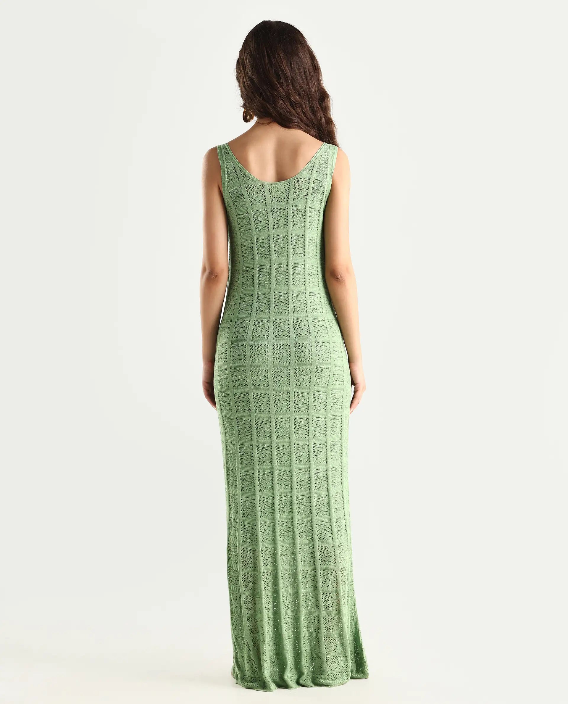 Rareism Women's Majoka Pastel Green Viscose U-Neck Plain Sleeveless Maxi Bodycon Dress