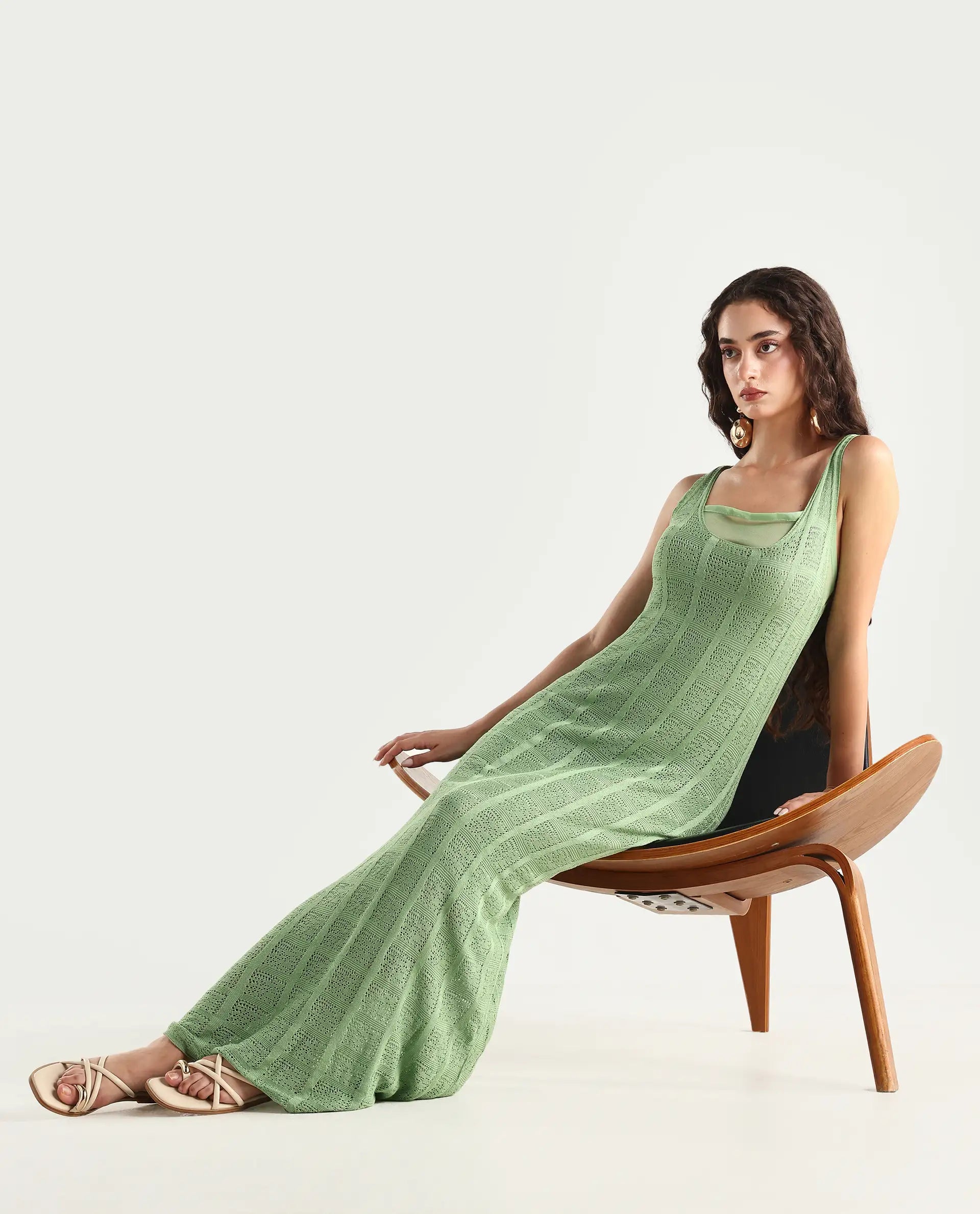 Rareism Women's Majoka Pastel Green Viscose U-Neck Plain Sleeveless Maxi Bodycon Dress